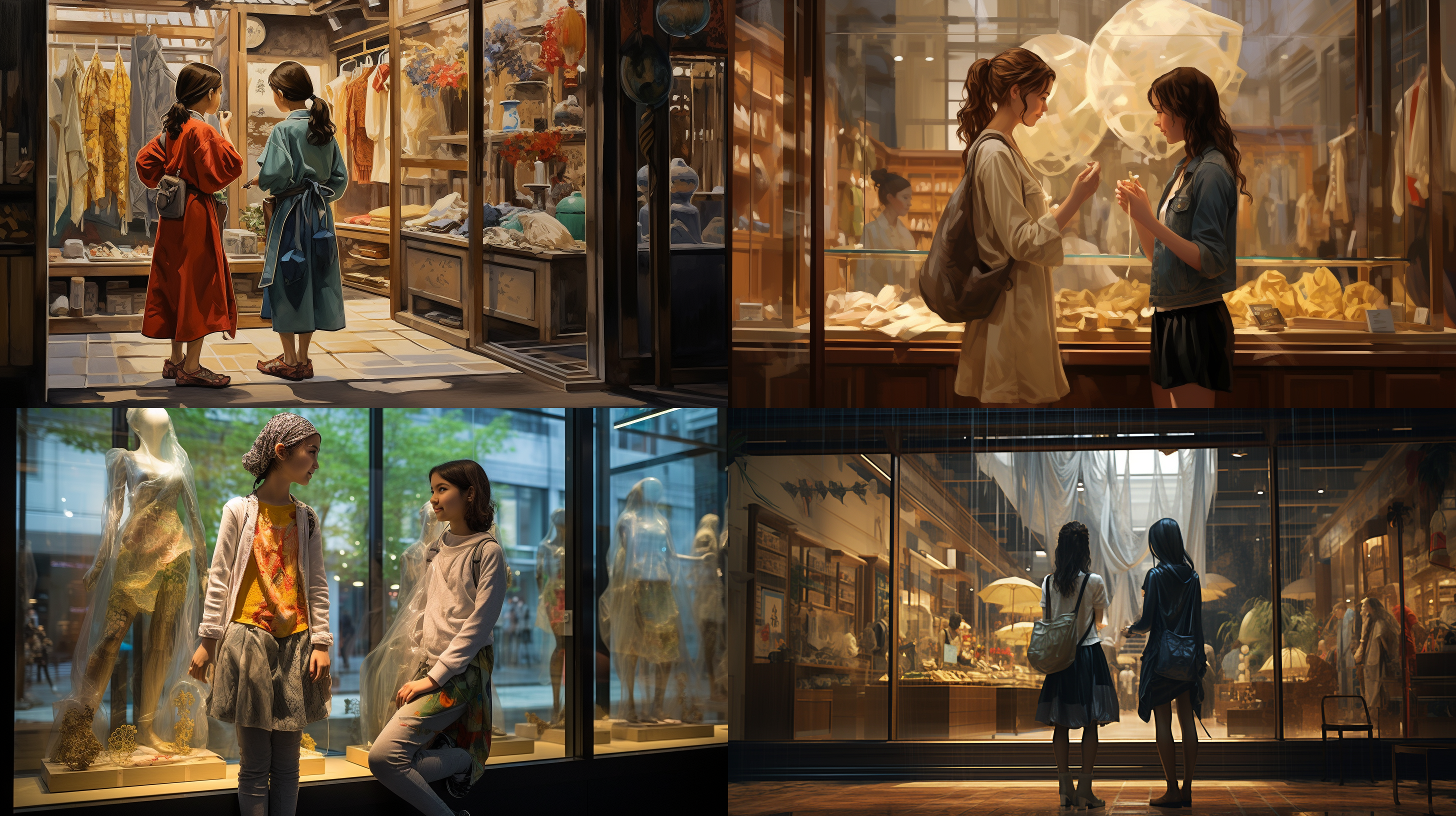 两个女中学生，在罗丹艺品商店中，边聊边逛，透明的落地窗外下着大雨，店里陈列着精美的工艺品，顾客很少，插画风，米山舞风格