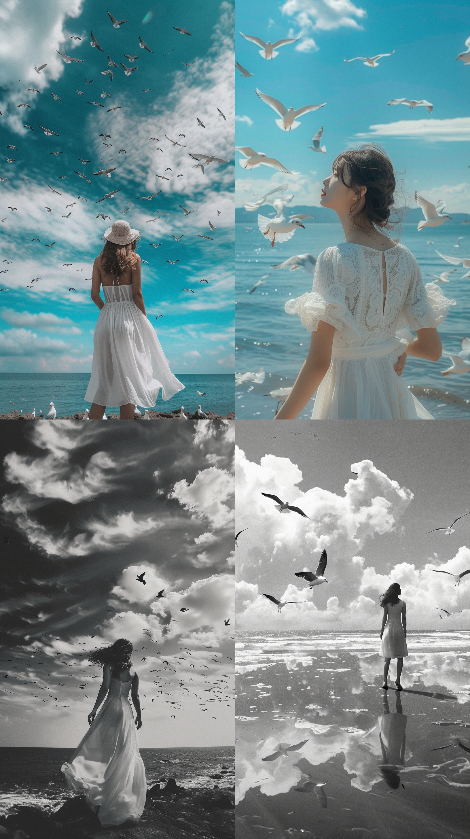 小鸟飞翔，美女望海而立简笔画，黑白风格，简单线条，广阔蓝天白云，柔和侧光，自由，生机，轻盈。