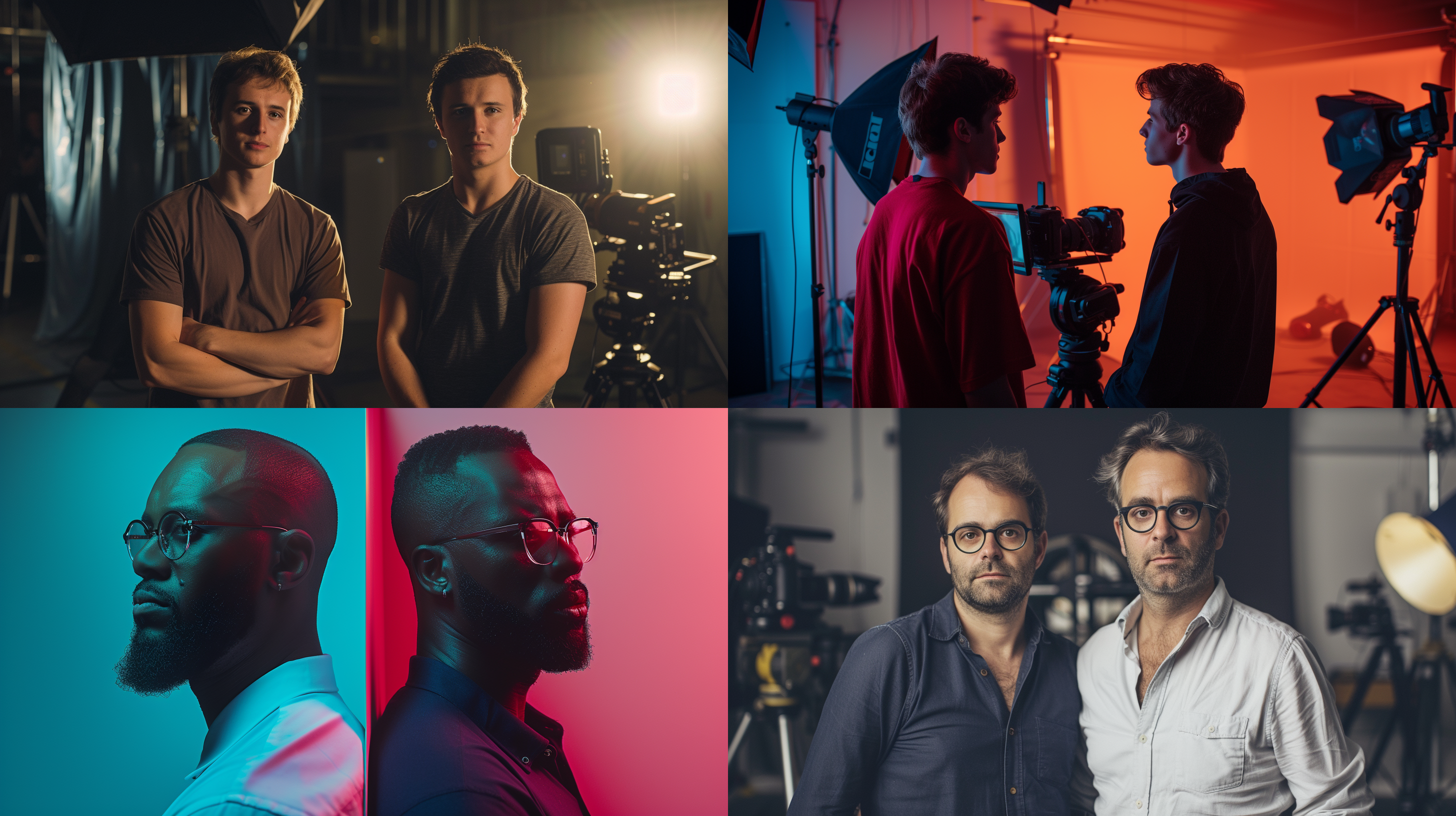 prompt. 两男人，严肃和放松表情，分开站着，距离很远，电影摄影棚，明亮灯光，彩色，摄像机，各种道具，自信魅力，高对比度。