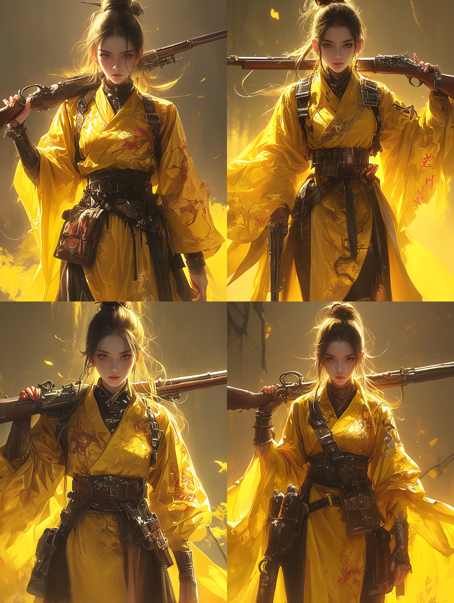 黄衣少女，机关师，全身照，稳重、英姿飒爽、中国女孩的脸，20岁，手持木质和铜质的古代风格的火铳，重拾信心的枪手，复杂的细节，惊人的时刻，16k