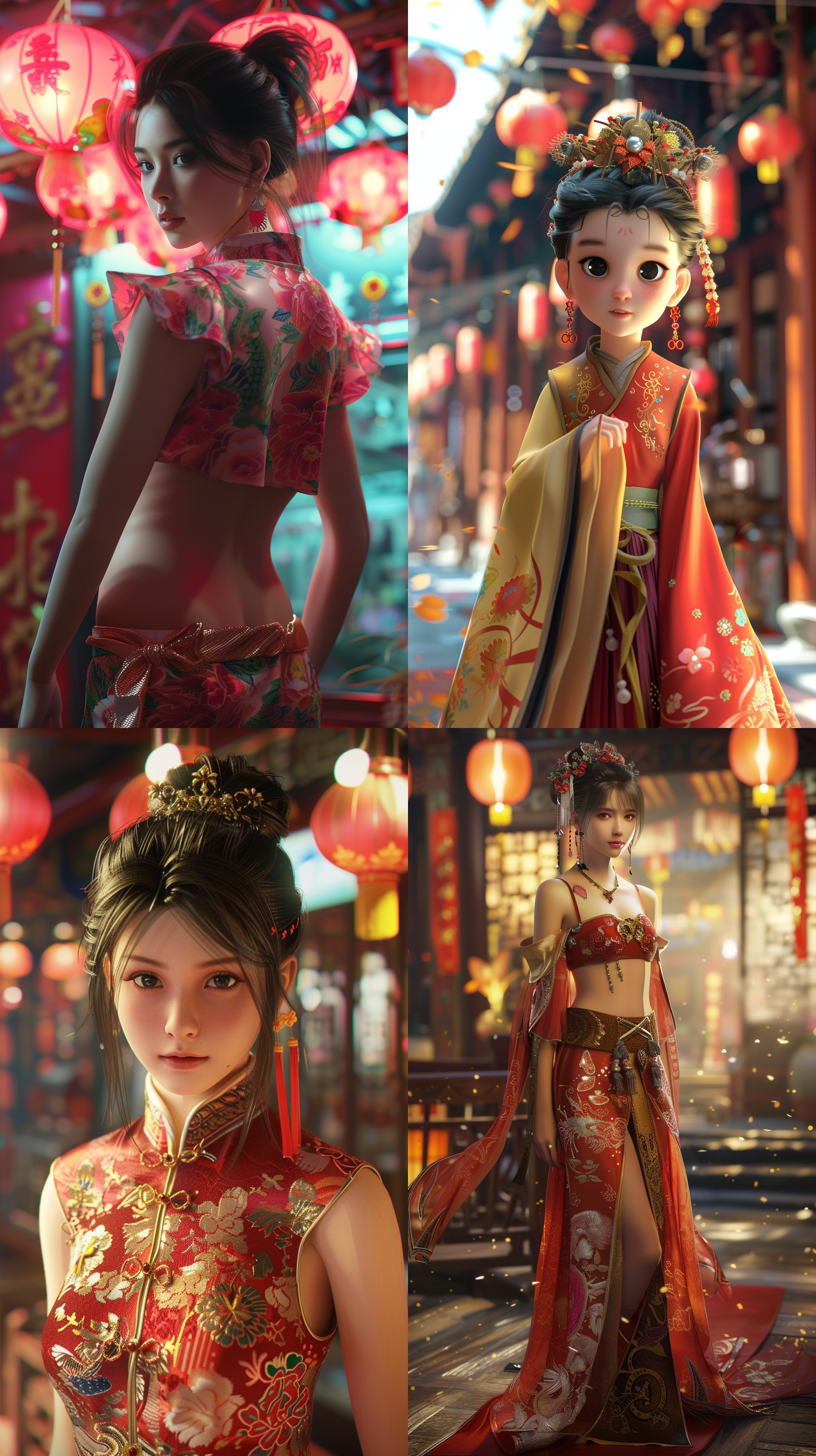 女孩华丽服装，背景壁画，电影光线，超高清效果，c4d渲染技术，色彩鲜明神秘感，端庄自信力量，全身，龙年主题，细节丰富。