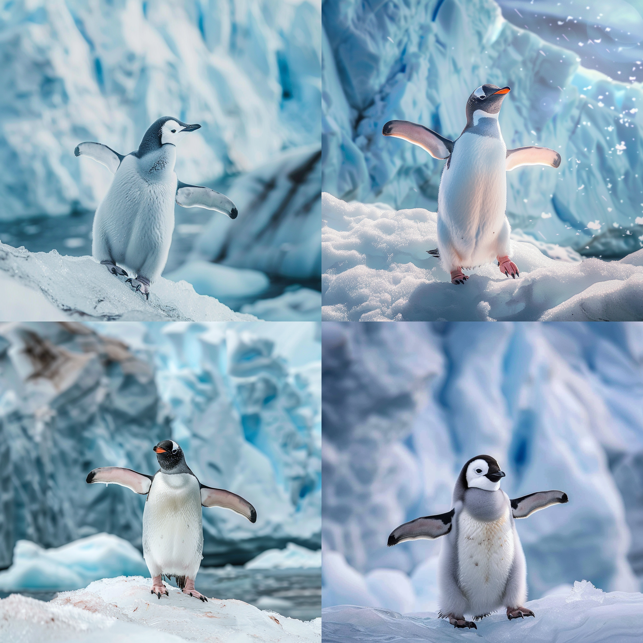 可爱企鹅在冰川背景中，展示超细节的羽毛和可爱的外貌。照片采用超清晰的5d效果，呈现出令人惊叹的真实感。画面中的企鹅正站立在冰川上，欢快地挥动着它的翅膀，眼神中透露出活力与喜悦。