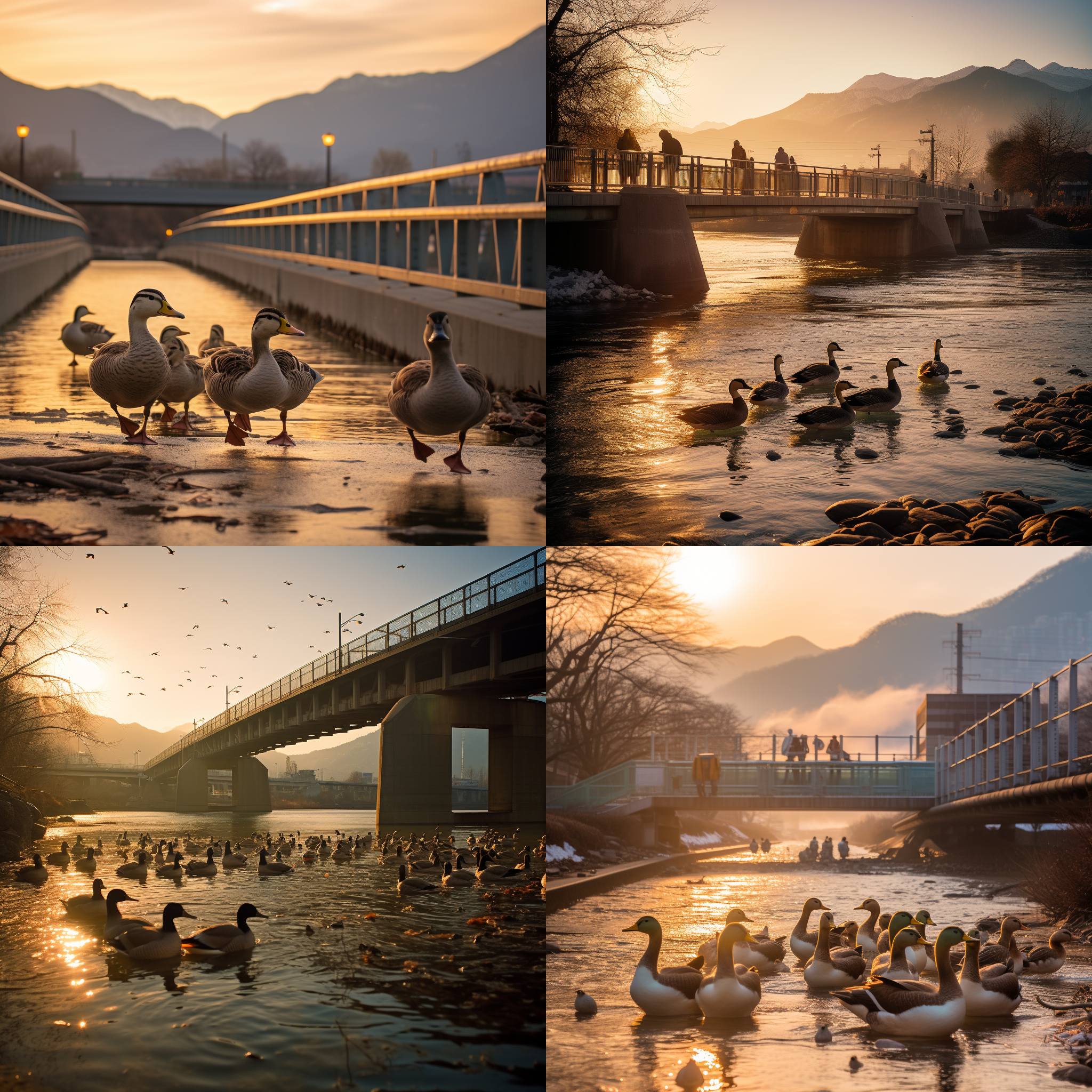 一群鸭子顺流而下，经过门前桥。镜头低角度，鸭子呈v字形排列，瞬间定格。桥上人行道上有行人，远处山水融为一体。色调柔和，暖光照射在鸭子身上，营造出宁静祥和的氛围。