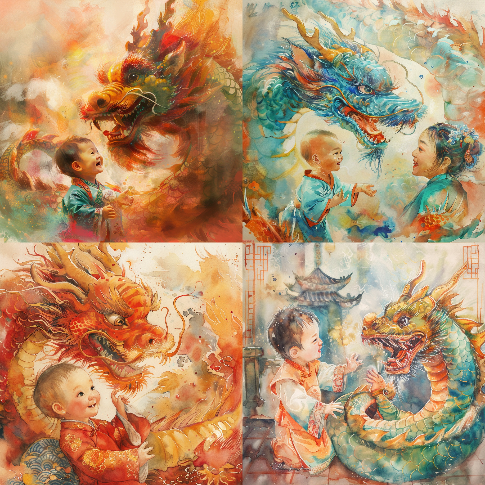prompt. 东方龙与婴儿，水彩画风，温暖色调，童真表情，壁画背景，8k分辨率，旋转动作，中国传统服装，幸福，亲近，多彩。