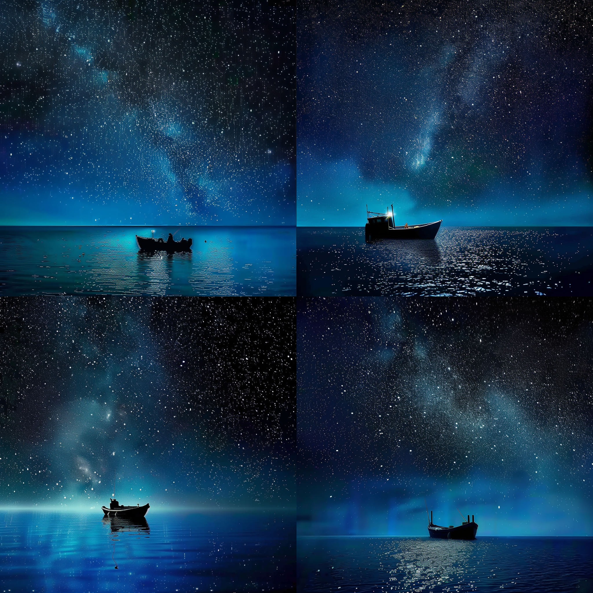 a boat floating on top of a body of water under a night sky filled with stars and a bright light, night, a microscopic photo, adrian zingg, neo-romanticism