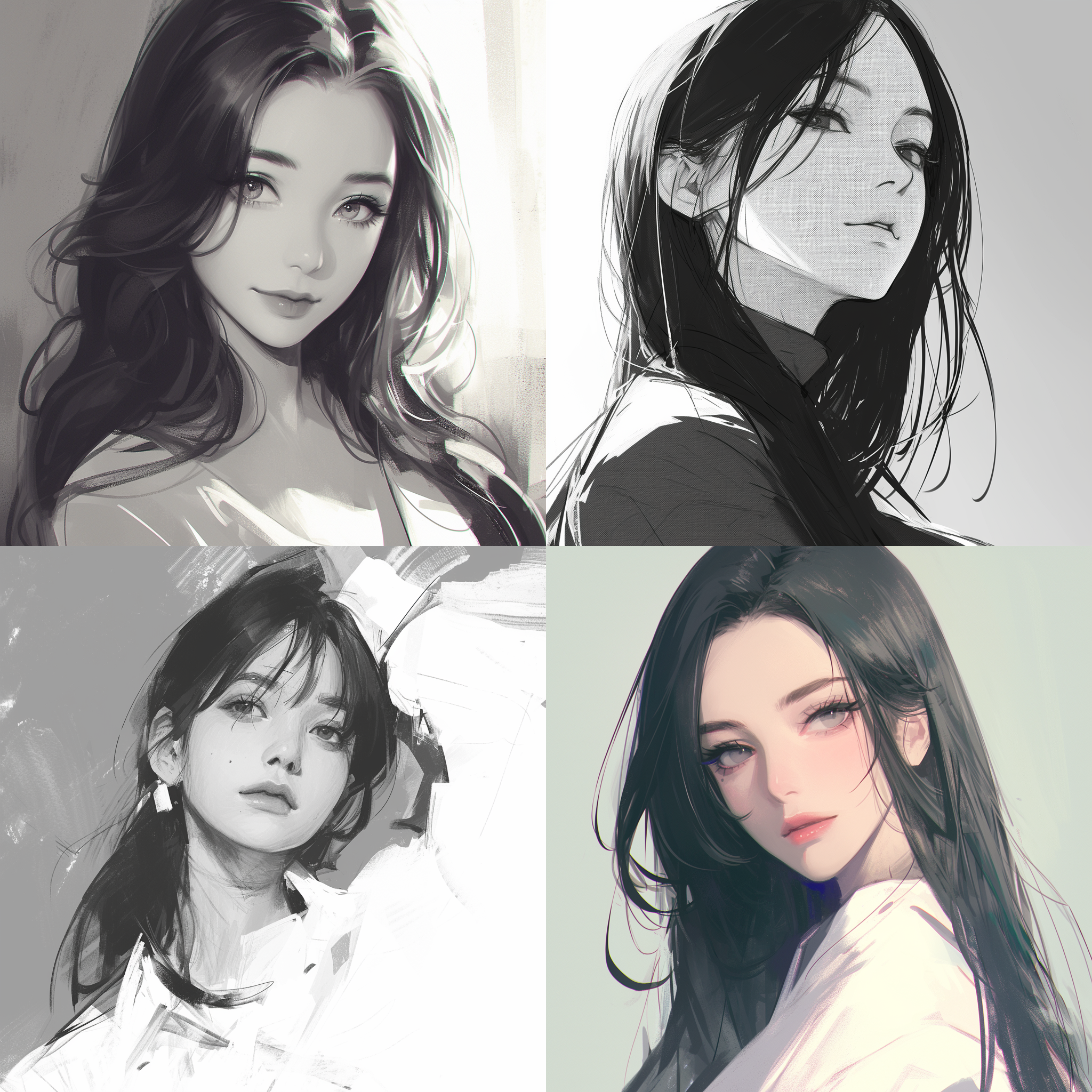 御姐,成熟女性素描头像，简约风格，细节丰富，柔和光线，黑白色调，正面角度，自然表情，黑色长发,铅笔画风格，二次元风格 