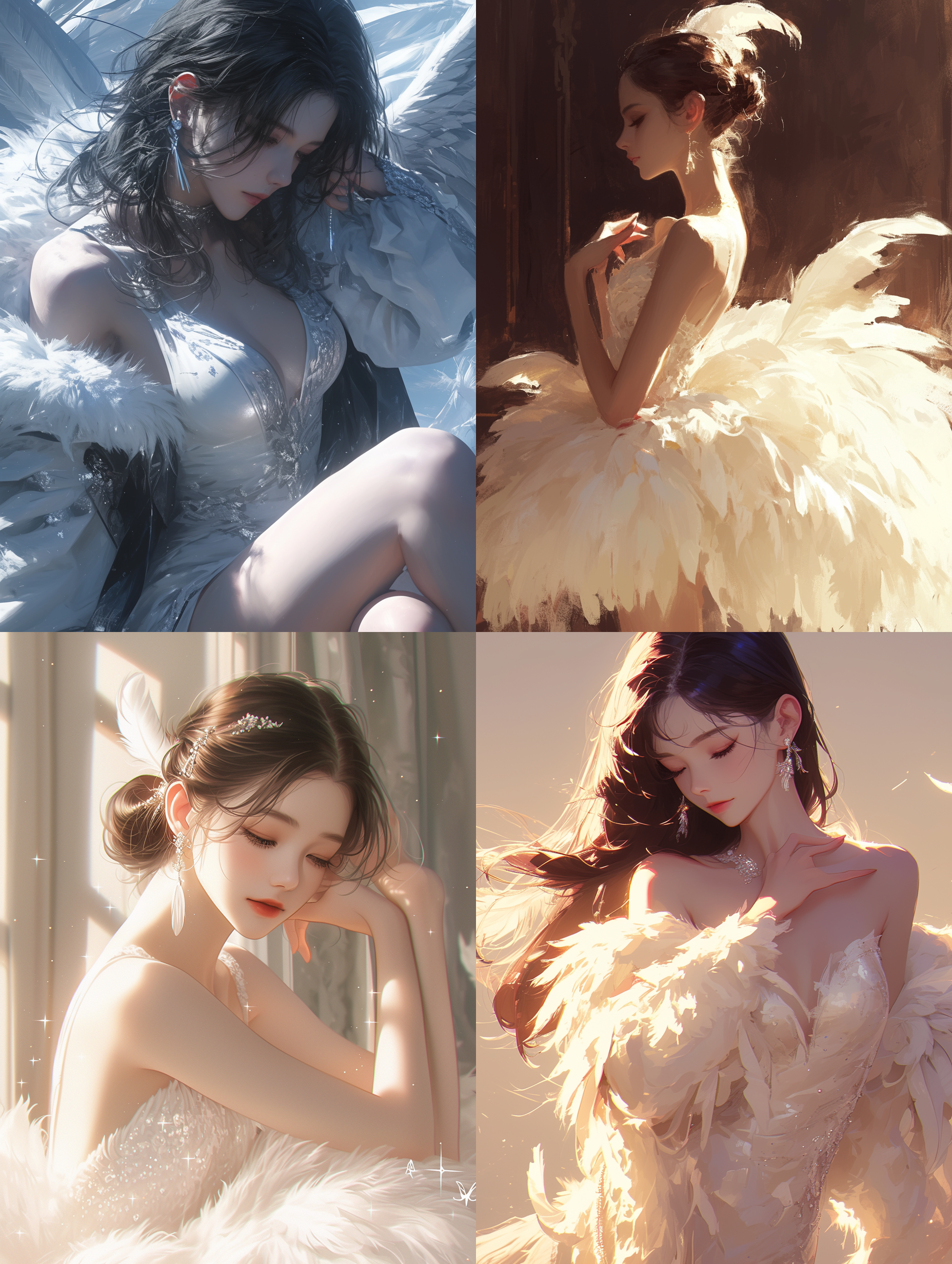 prompt. 长腿美女，天鹅羽毛礼服，韩国风格，黑发，羽毛耳环，室内拍摄，柔和侧光，中焦镜头，优雅舞姿，柔和色调，优美。