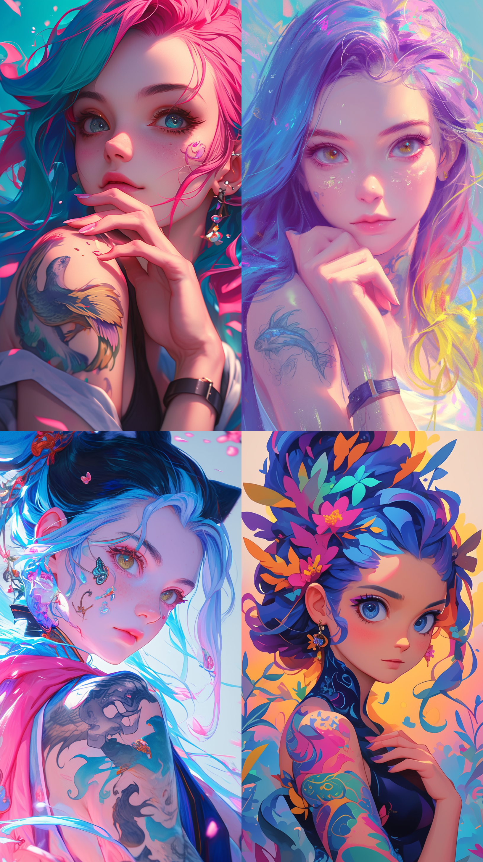 a girl in colorful hair and tattoo, in the style of disney animation, marine painter, luminous fantasies, 32k uhd, cute cartoonish designs, jane small, close up