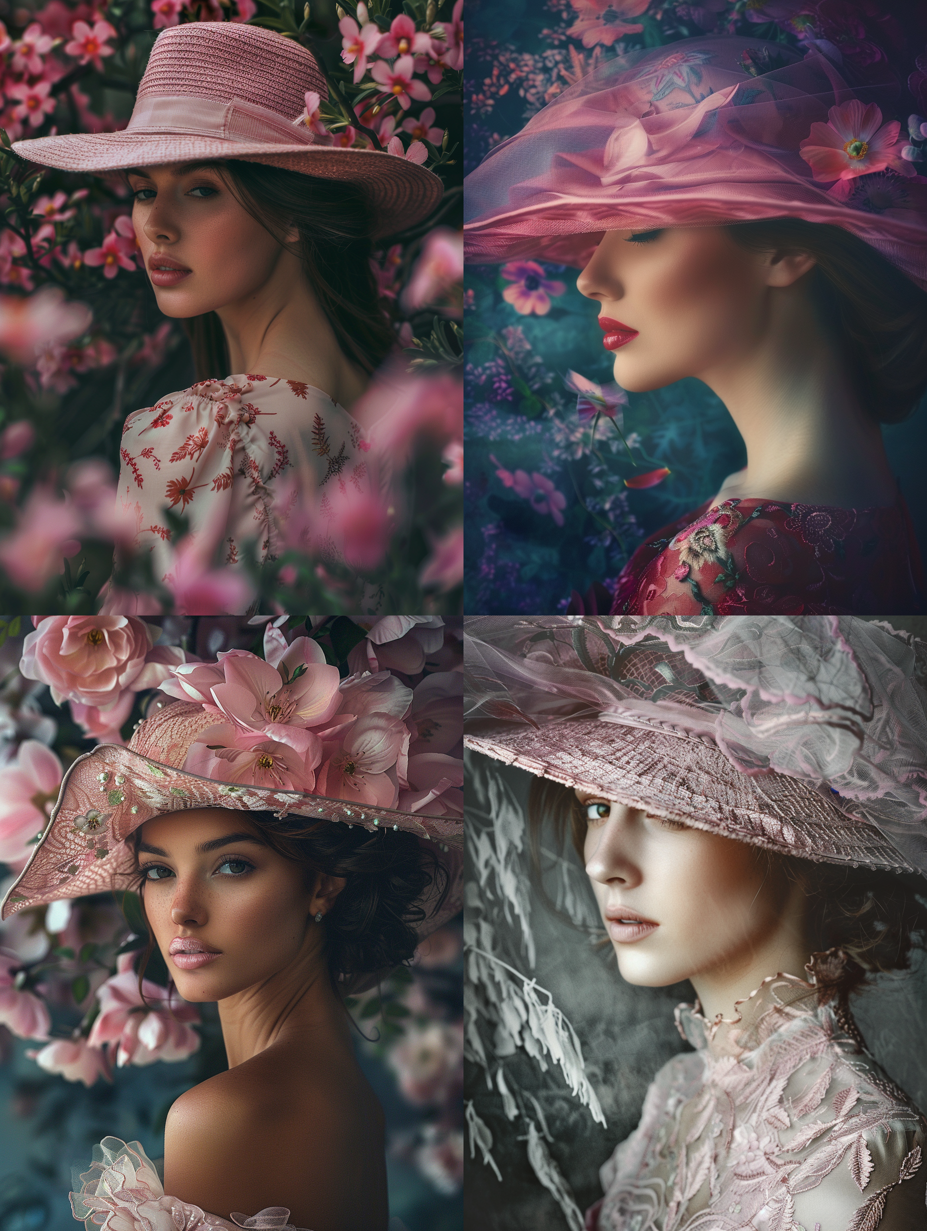 穿着裙子并且戴着粉色帽子的女人，采用梦幻般的肖像画风格，照片拼接，超高清图像，明暗色调的对比，花，强烈的凝视，受自然启发的图案