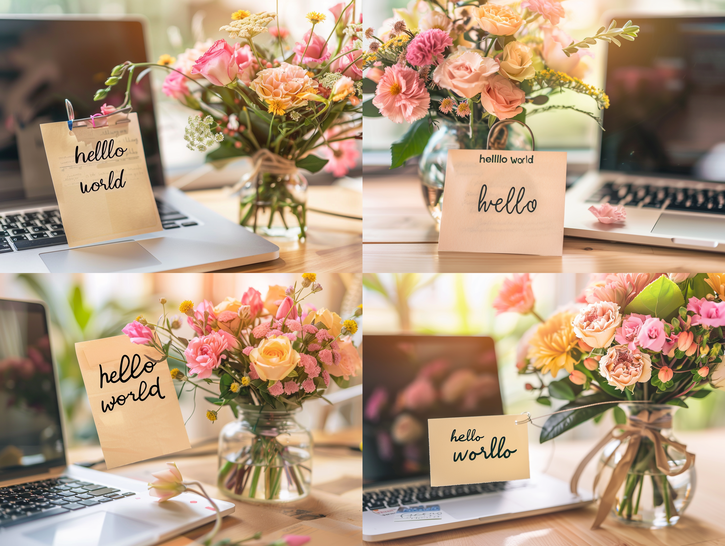 便笺上写着"hello world"，放在一个整洁的办公桌上，旁边有一台笔记本电脑和一束鲜花。照片采用明亮的色调，突出了简洁和温馨的氛围。使用广角镜头，透视效果突出，突显了桌面上的元素。光线柔和，给整个场景增添了一丝温暖。照片中没有人物，但通过布局和元素的选择，传达了积极向上和温馨的情感。