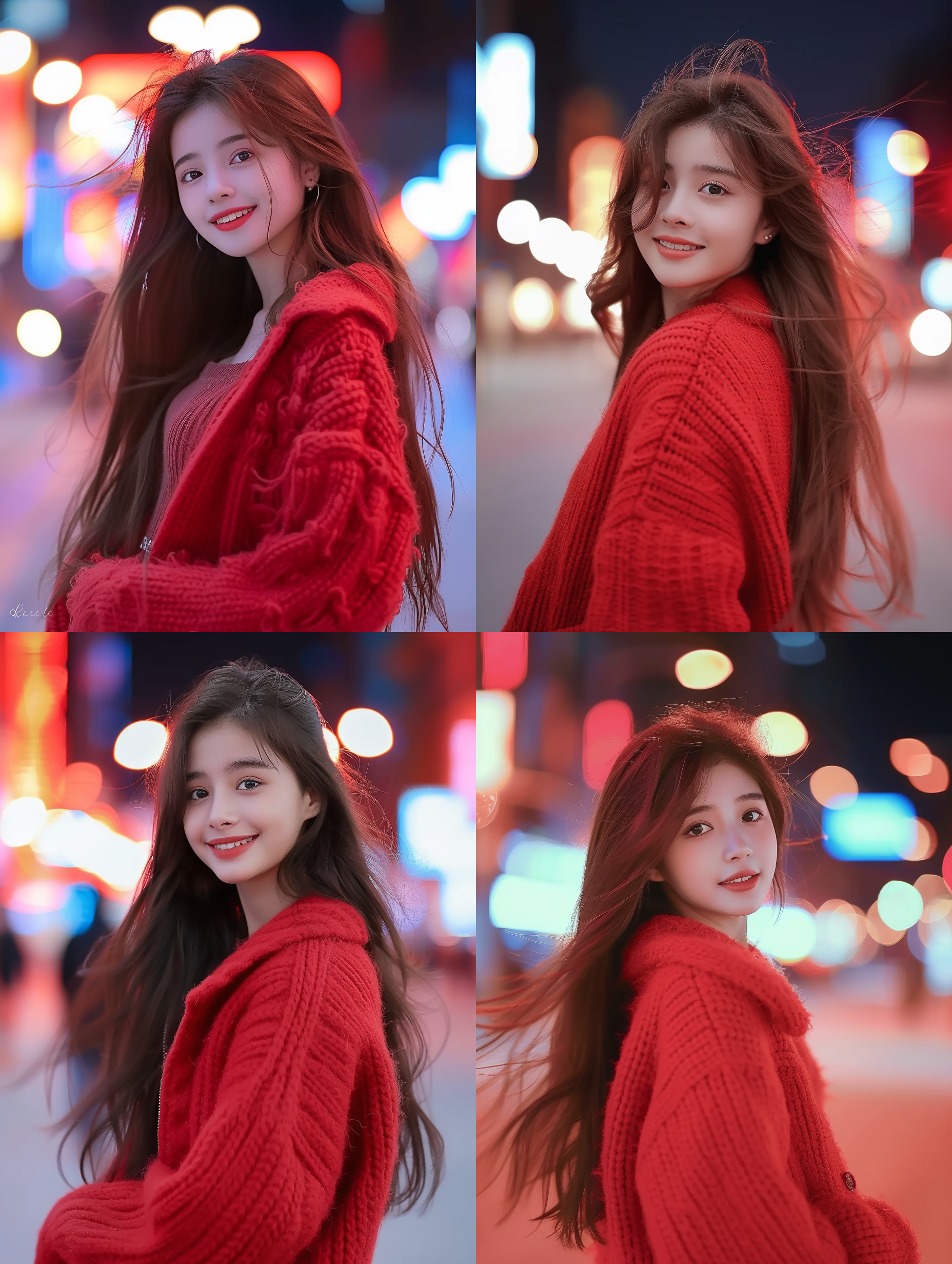 prompt. 16岁甜美女子, 红色羊毛外套, 霓虹大街, 背景虚化, 柔和光线, 清晰细节, 微笑, 飘逸长发, 高清晰度, 青春活力, 欢快色彩, 人像摄影, 街拍。