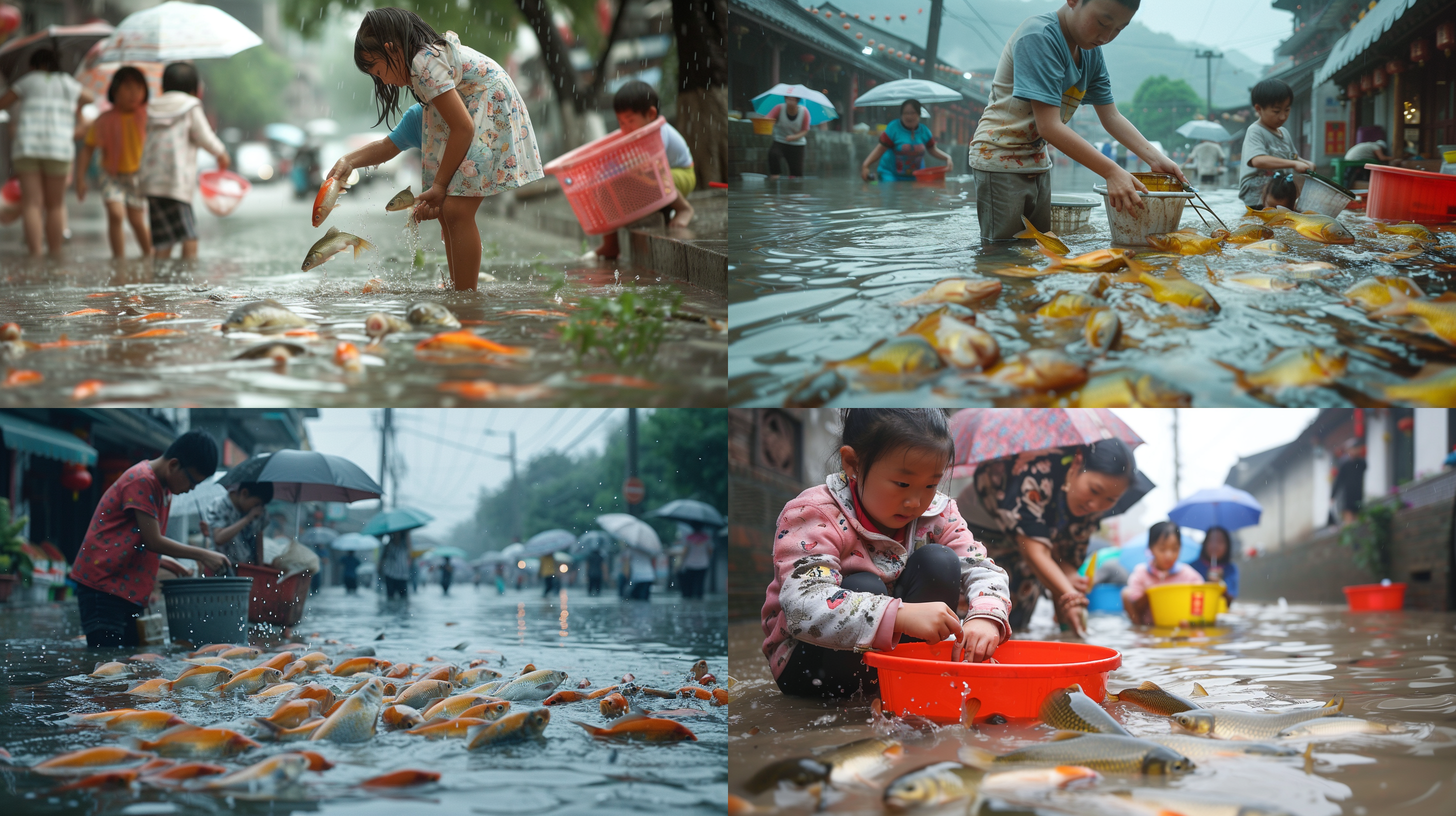 中国当代，大雨过后，马路上都是水，街道上鱼活蹦乱跳，中国居民在抓鱼，大人孩子，用水桶装鱼，小孩抱着鱼，妈妈给孩子打伞