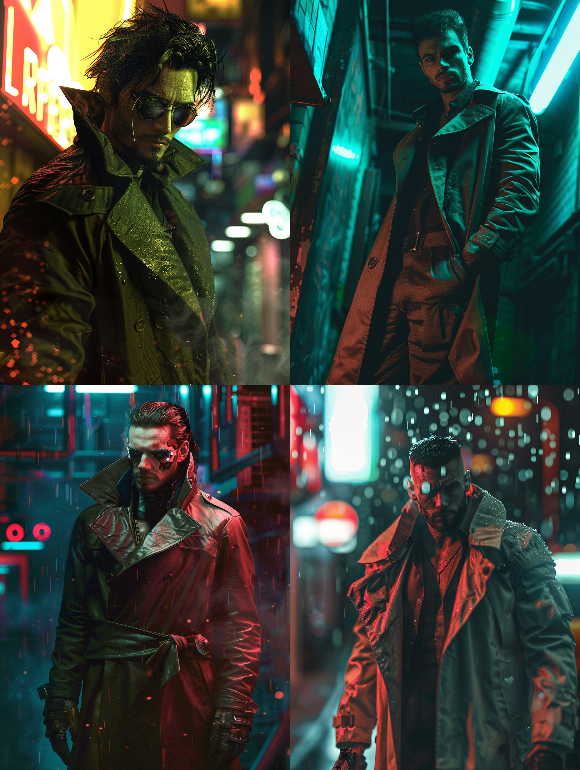 穿着风衣的男性角色在光线下摆着姿势，以赛博朋克意象的风格，尼康d850，32k超高清，龙的艺术，祖母绿，larme kei风格