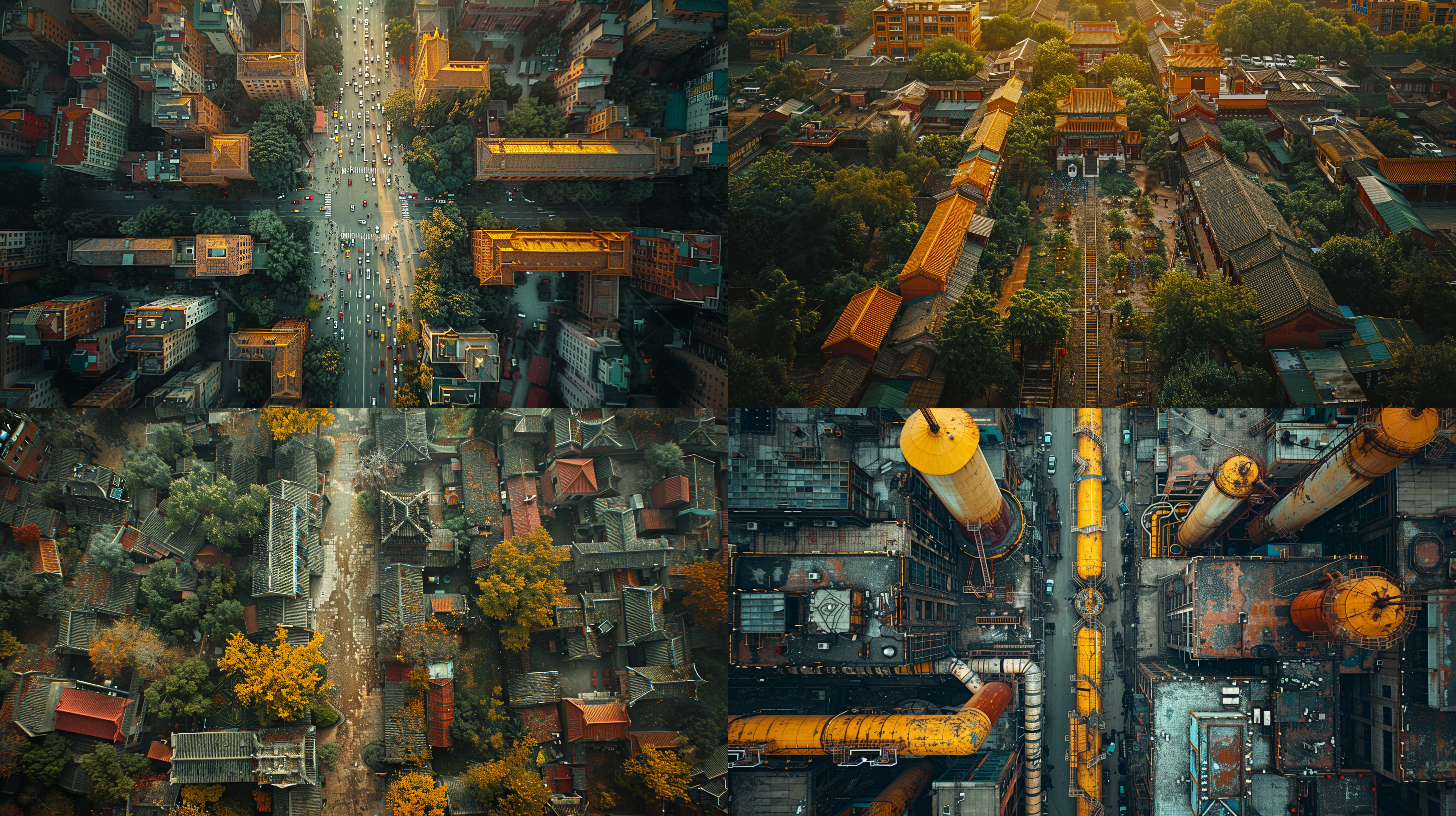 复古摄影，80年代的北京故宫全景，城市风光，富士xt5相机拍摄，俯视视角，自然光照明，现有环境，宽幅构图， - ar 16:9 -s 750