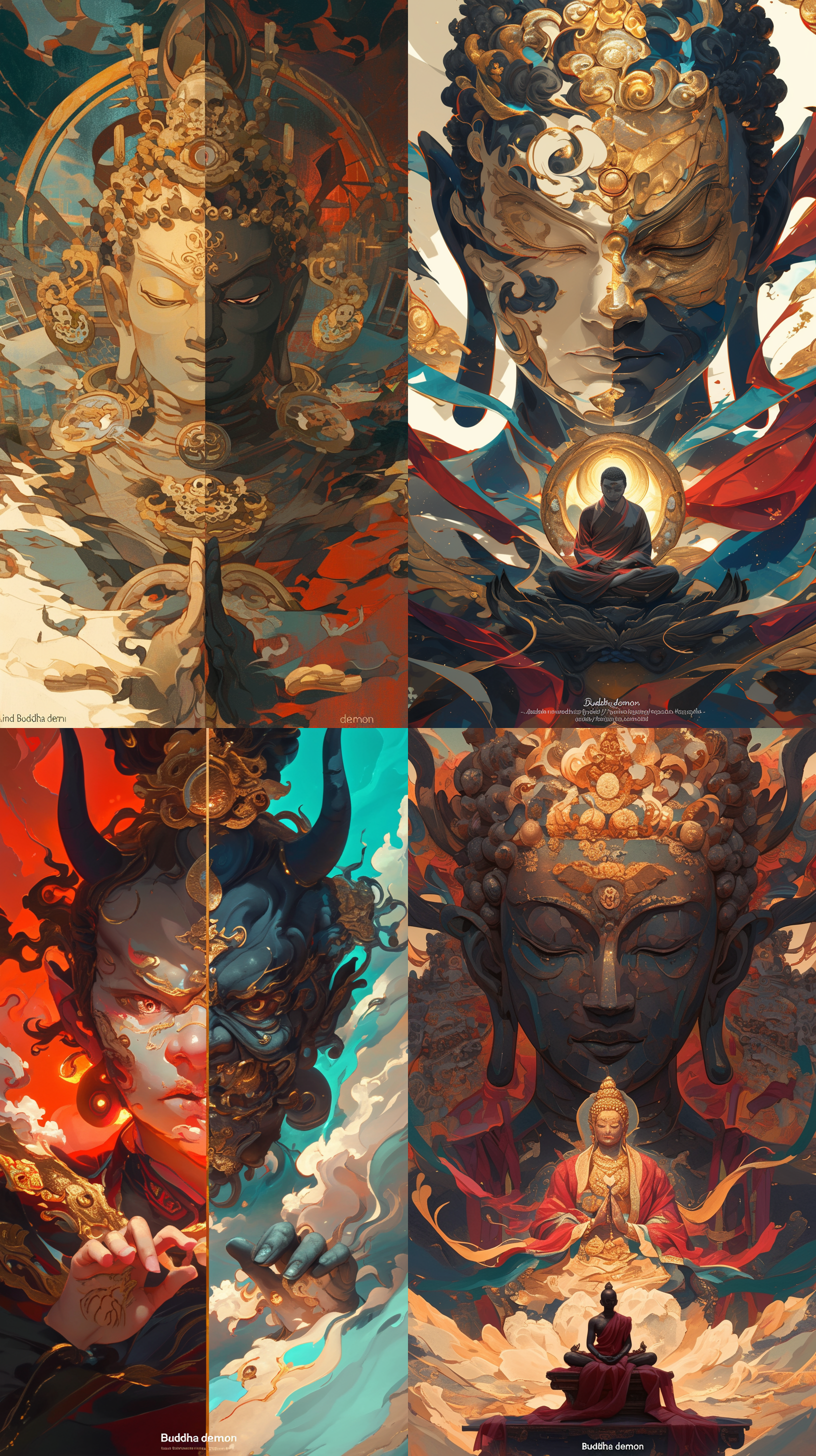 拼接画 ，从中间分割，一半的是“慈祥的佛祖”，一半是“妖魔”，对称构图，两个元素组成一个整体，正视图，肖像画，色彩丰富，数字渲染，32k，苹果壁纸