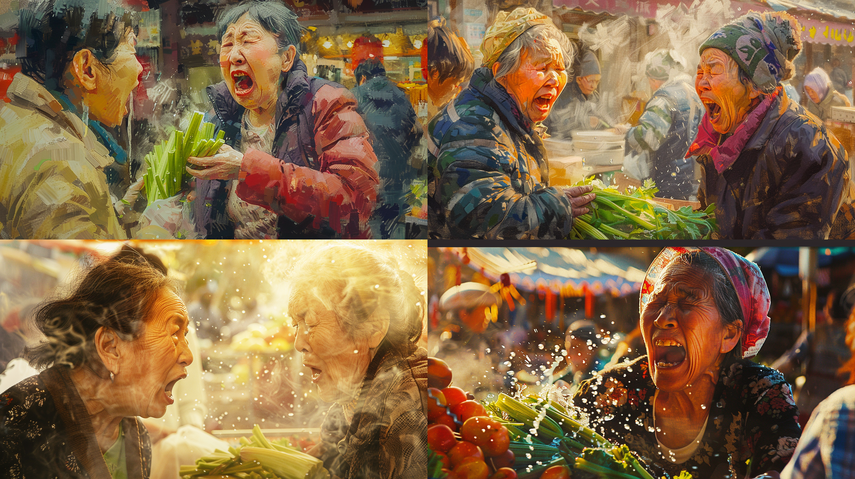 中国，当代，油画效果，早晨的市场，一个中年妇女在买芹菜，特写，和摊主激烈争吵，张大嘴，口水乱飞，逆光金色，水花四溅