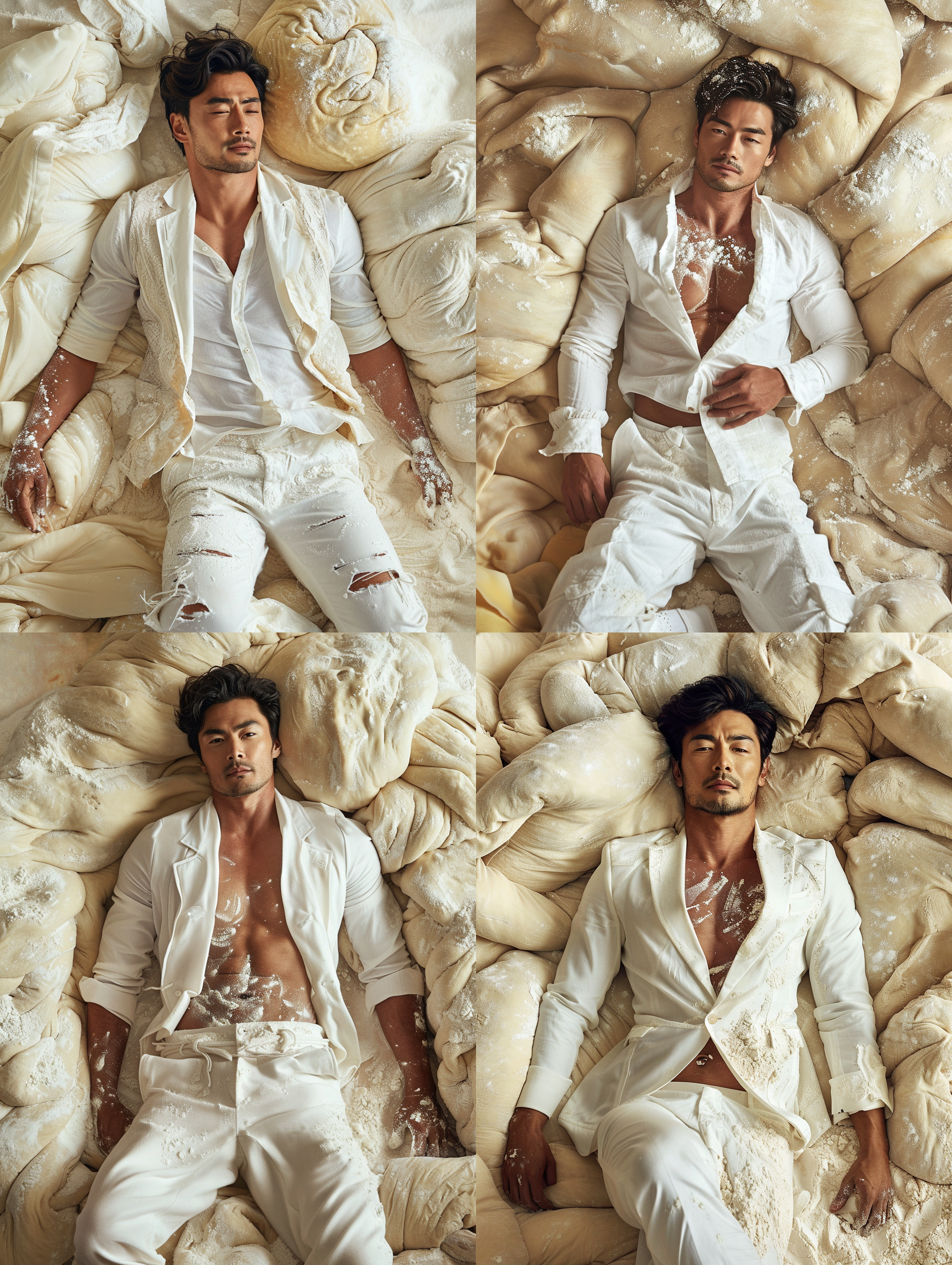 英俊的亚洲男人，敞开上衣，肌肉，躺在巨大的面团里，身上沾着面粉，细节丰富，超现实主义，逼真的摄影风格,