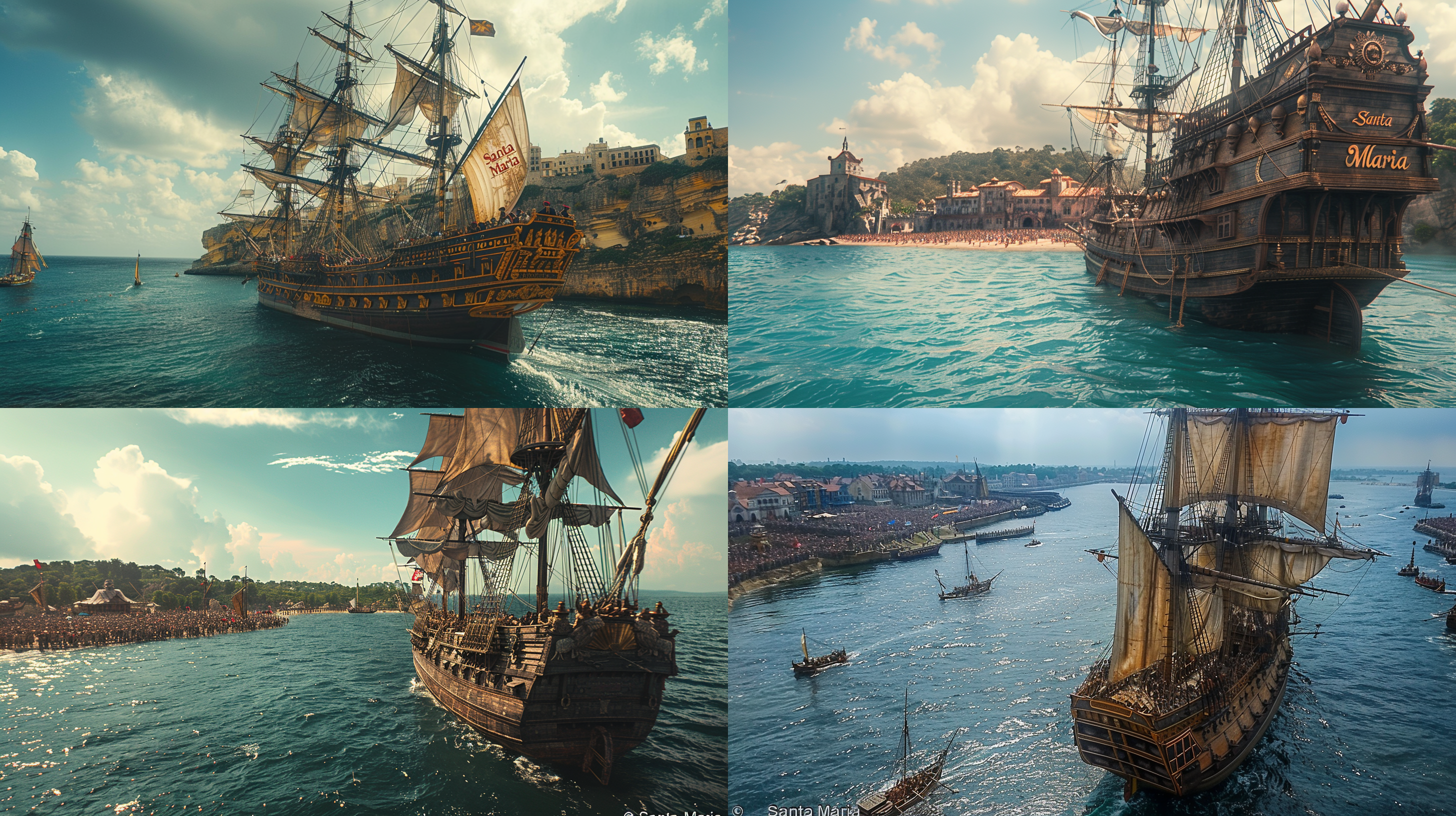 电影画面感，超广角拍摄，照片，写实，近景，精致画面，精细细节，高清晰度，电影胶片颗粒感，特写，1492年的西班牙的港口，碧海蓝天，一艘名为“santa maria”的卡拉克大帆船，停靠在港口 正准备启航。人头攒动，欢歌笑语，洋溢着节日般的气氛， -ar 21:9 -style raw -s 750