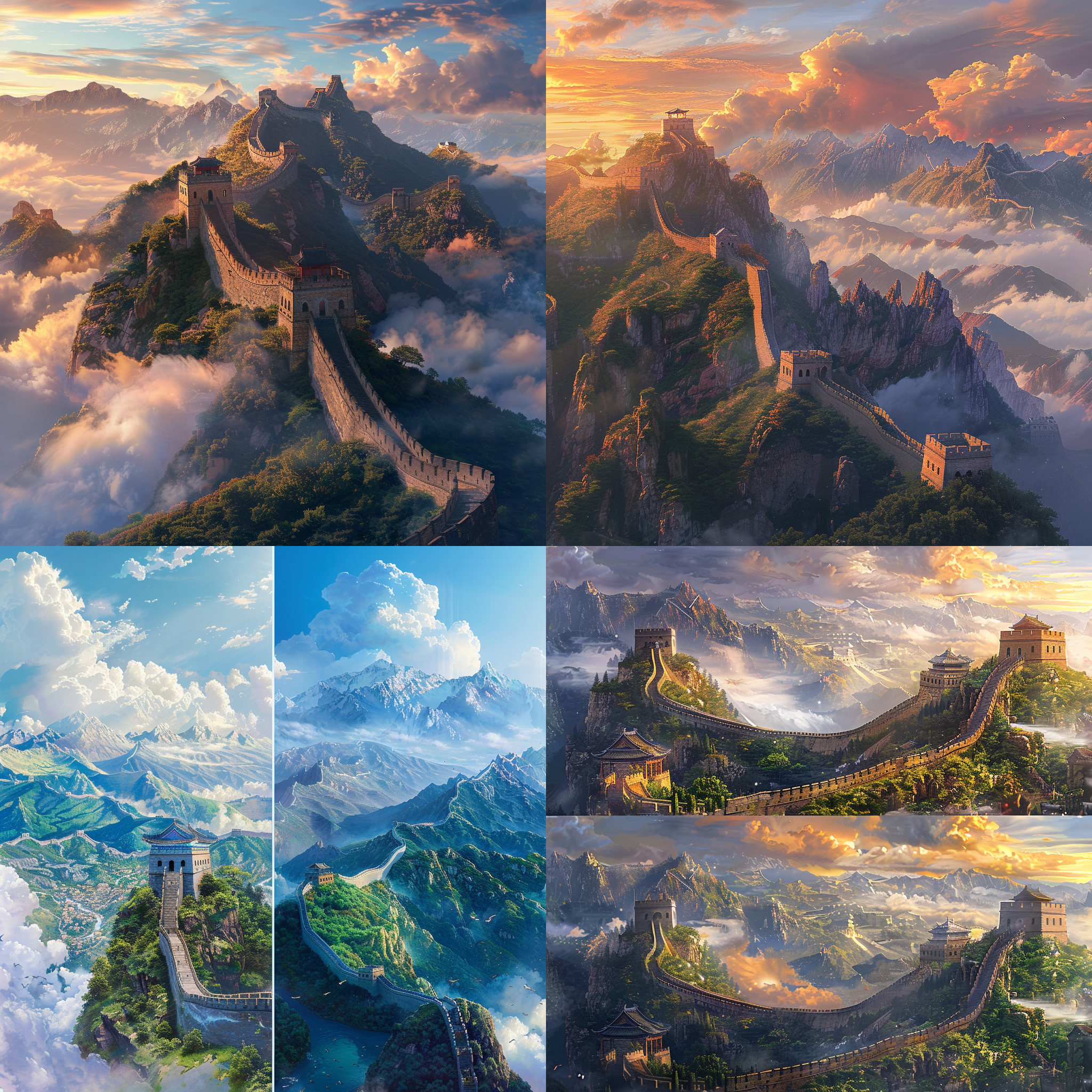 a painting of a great wall of china and a picture of a great wall of china with mountains and clouds, rossdraws global illumination, a detailed matte painting, chris labrooy, photorealism