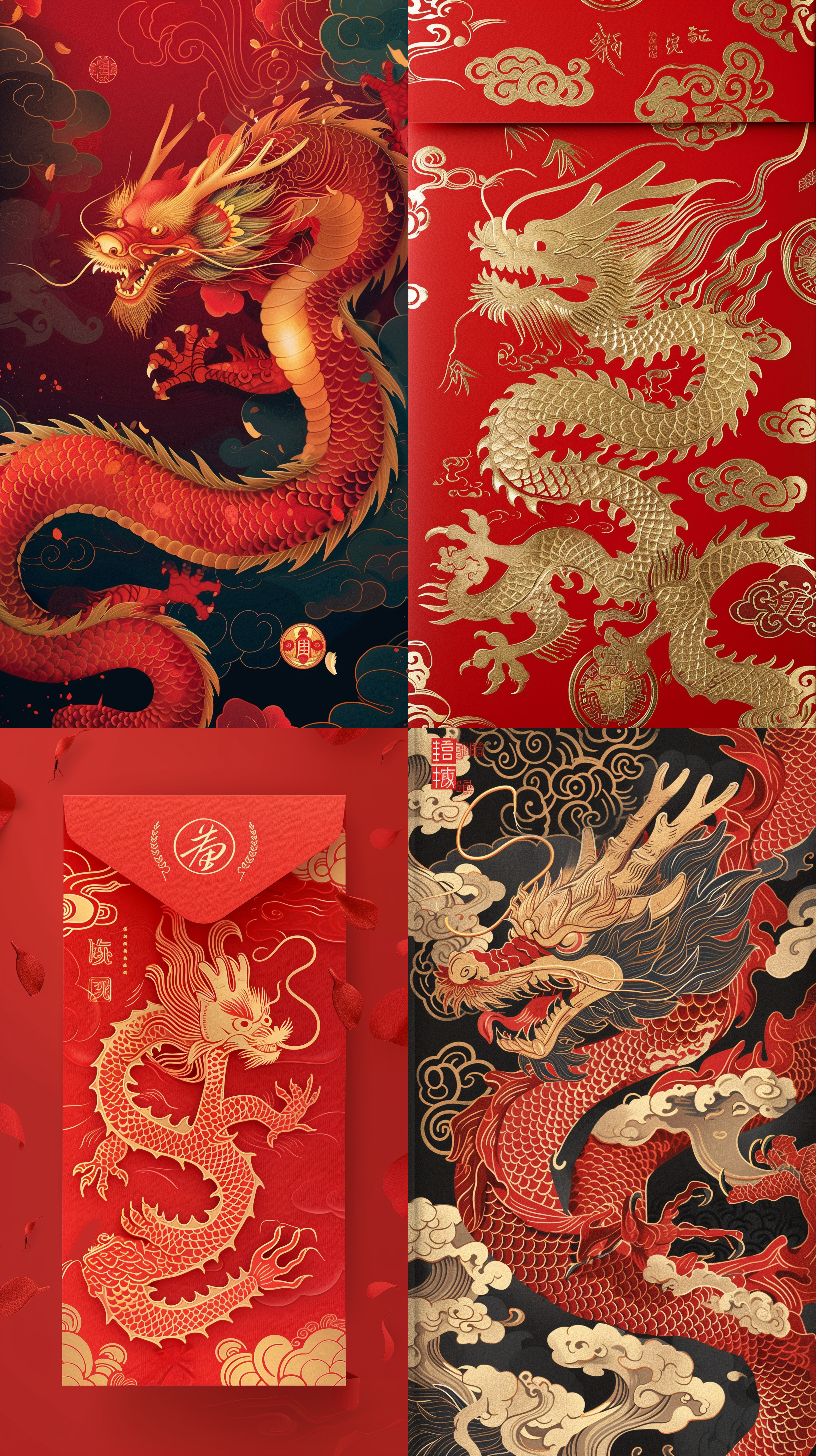 中国风龙红包封面：以红色为主色调，配以金色的龙图案，采用扁平化的插画风格，展现中国传统文化的魅力，给人一种祥瑞和庄严的感觉