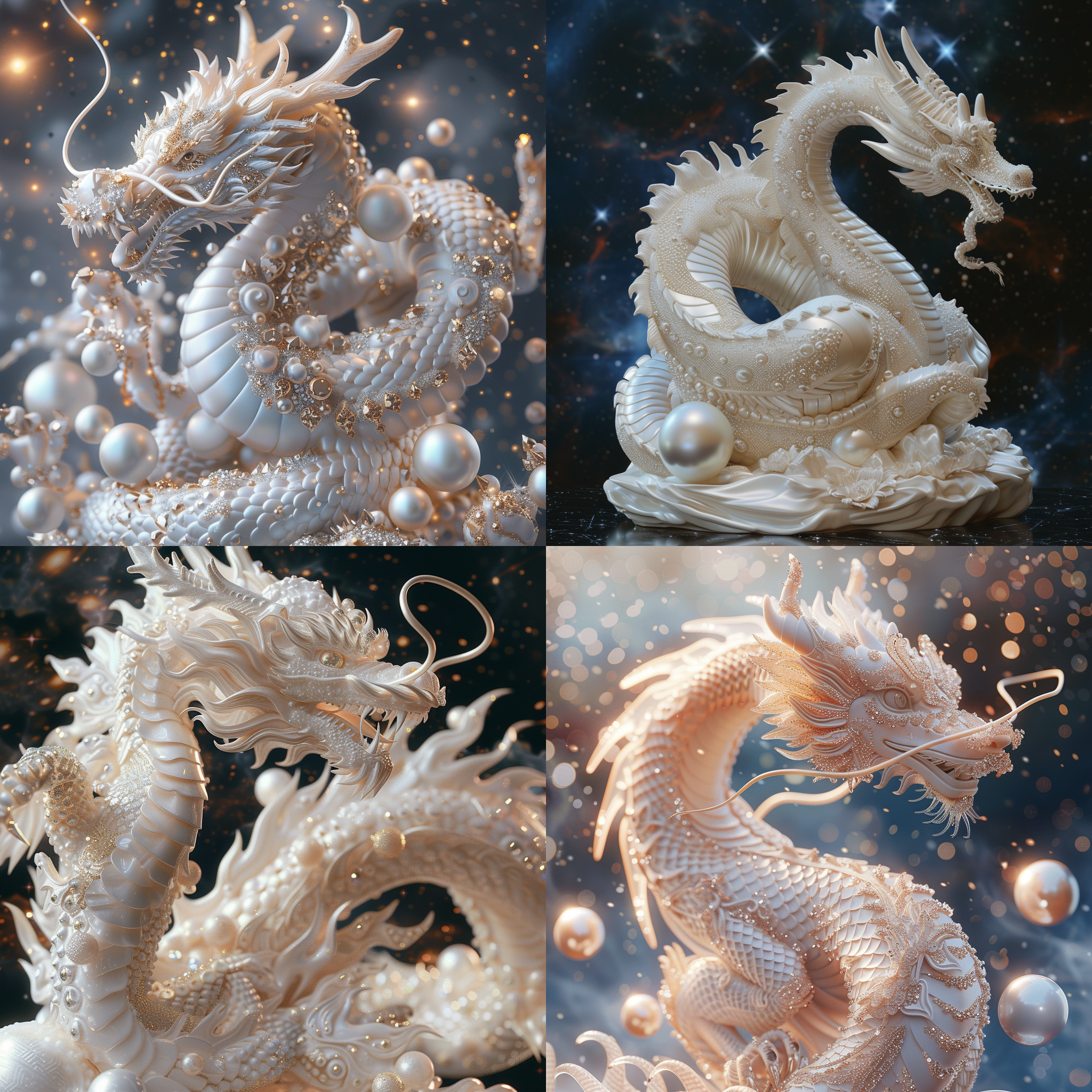 珠光宝气的白龙，点缀水晶，宝石，珍珠，立体浮雕，威武霸气，3d渲染，细节惟妙惟肖，宇宙星空背景，正面角度，闪耀光芒，8k画质，搅拌机材质，树脂材质，uhd莱卡镜头，神话生物，新年插画。