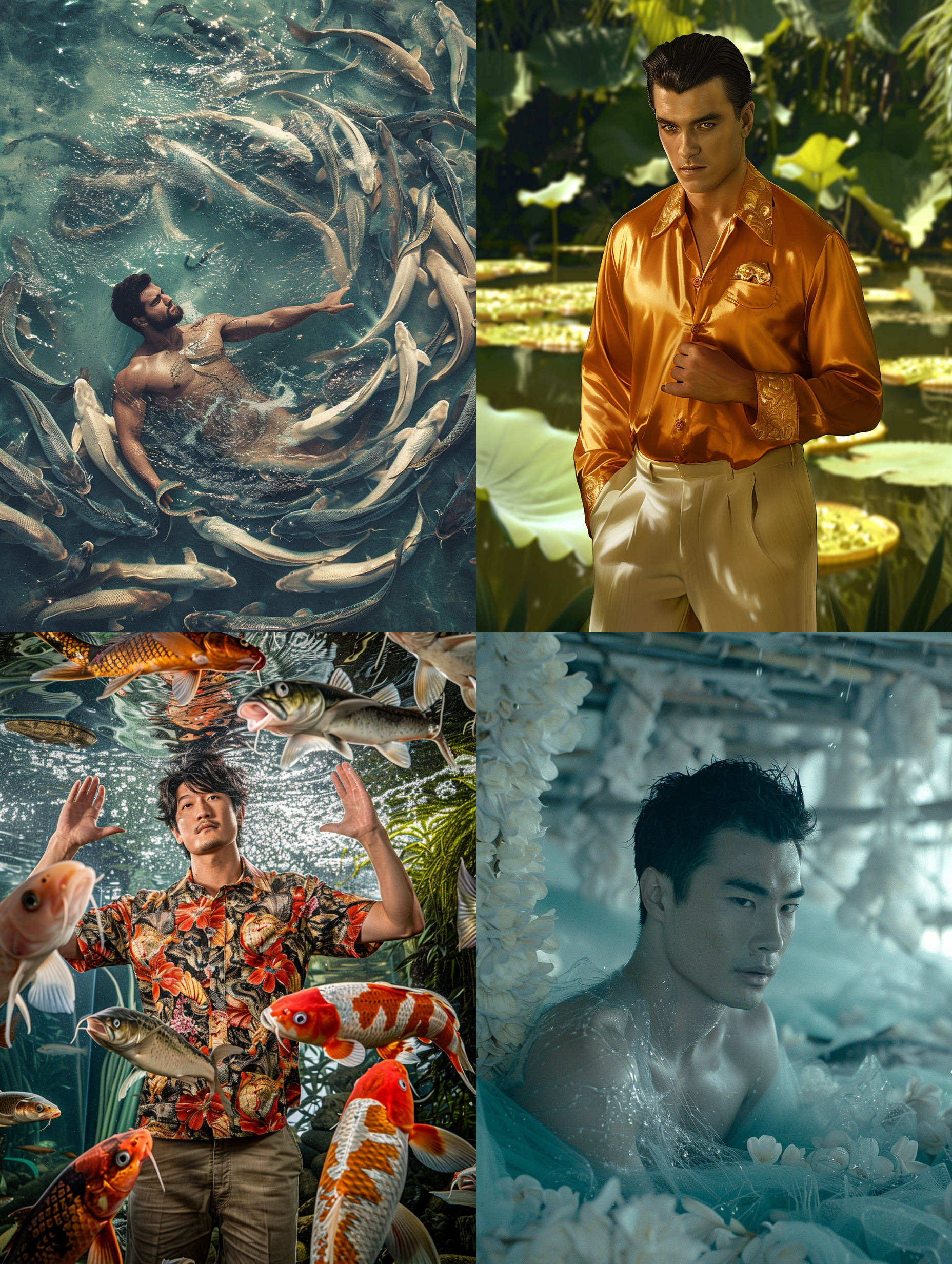 英俊的亚洲男人，在巨大鳗鱼池子里，肌肉，奢华丝绸，超现实主义，极致丰富细节,逼真的摄影风格,鲜艳色调。