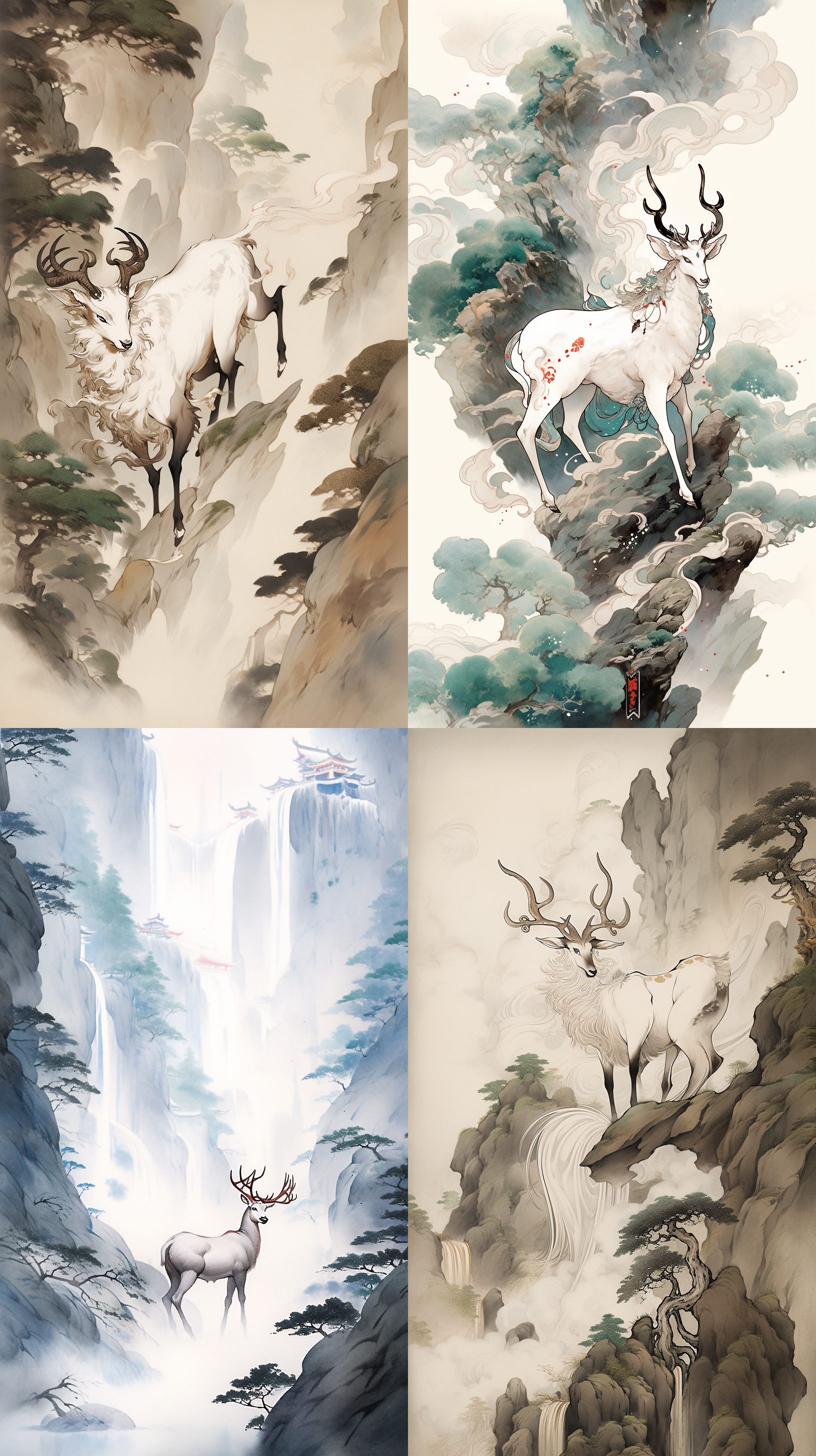 chinese ink style,gilt stroke,mythical animals in the chinese classic of mountains and seas,a huge beautiful white deer,with 4 huge antlers :: 1.5, waterfalls,flowing cloud,fantasy scene,epic ink-curved shot,pov perspective,first person,huge chinese paint attacking audience,exaggerated perspective,amazing moment,light gold and white and emerald,dark cyan and light bronze,furry art, rough clusters, fawncore,qi baishi,wu guanzhong,zhang kechun,8k ，s 250