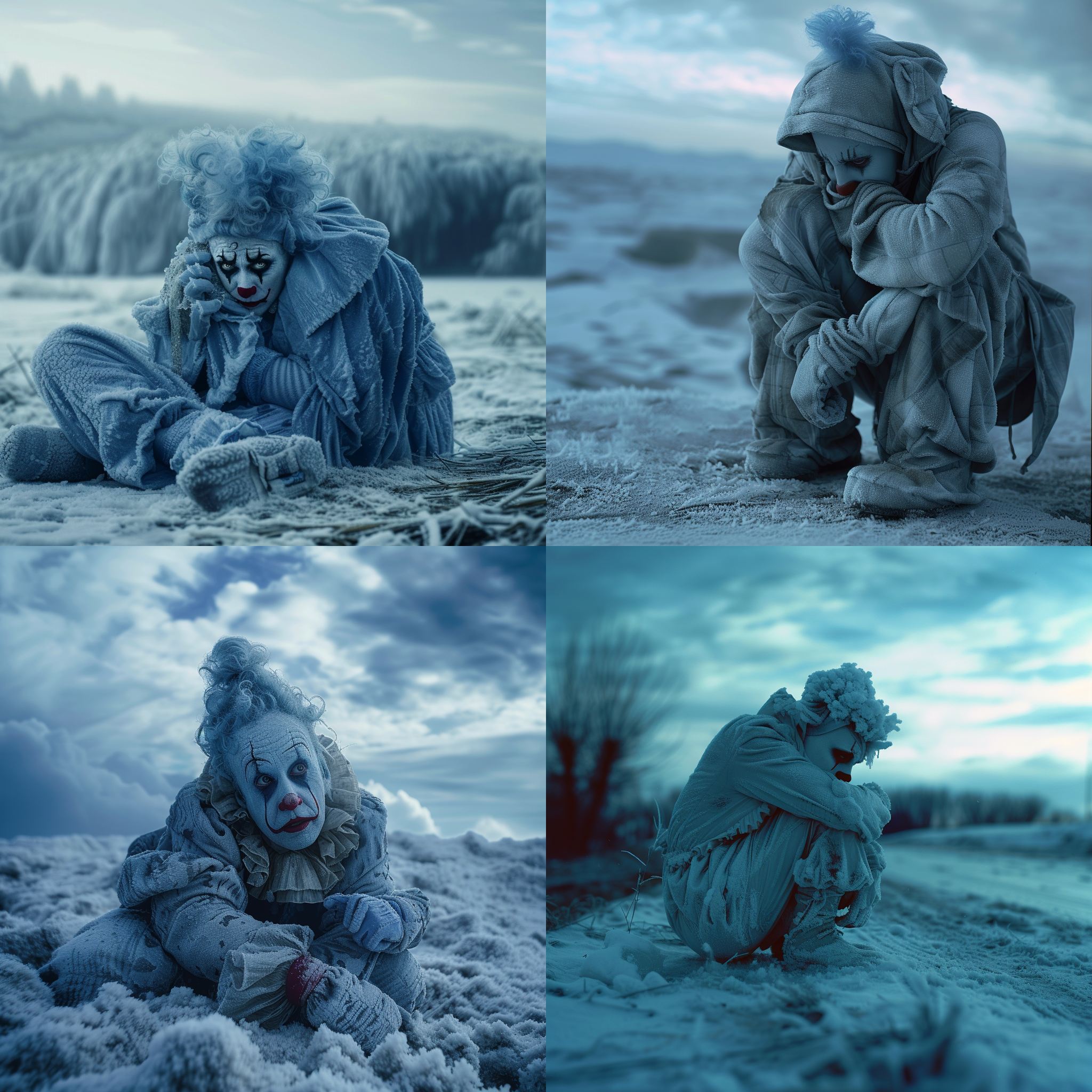 prompt. 被冻死的小丑，荒凉冰雪场景，低角度视角，蓝色冷调，长焦镜头，静态，瑟瑟发抖，悲伤。