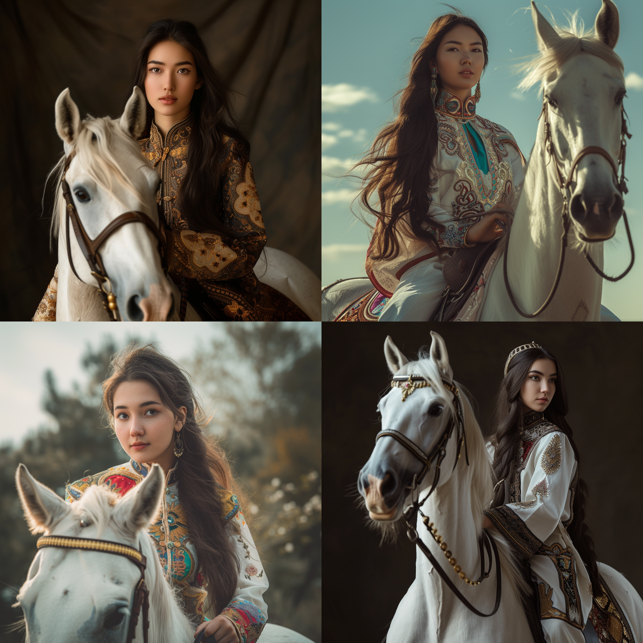哈萨克族少女骑白马，景大人小，细致面部轮廓，高清晰度，深情眼神，侧光，肤色质感，反差强烈，飘逸长发，古典服装，丰富细节，自信微笑，静态拍摄，明亮的眼睛，金色和黑色，点彩光学混合，32k uhd，视觉和谐，标准画面。