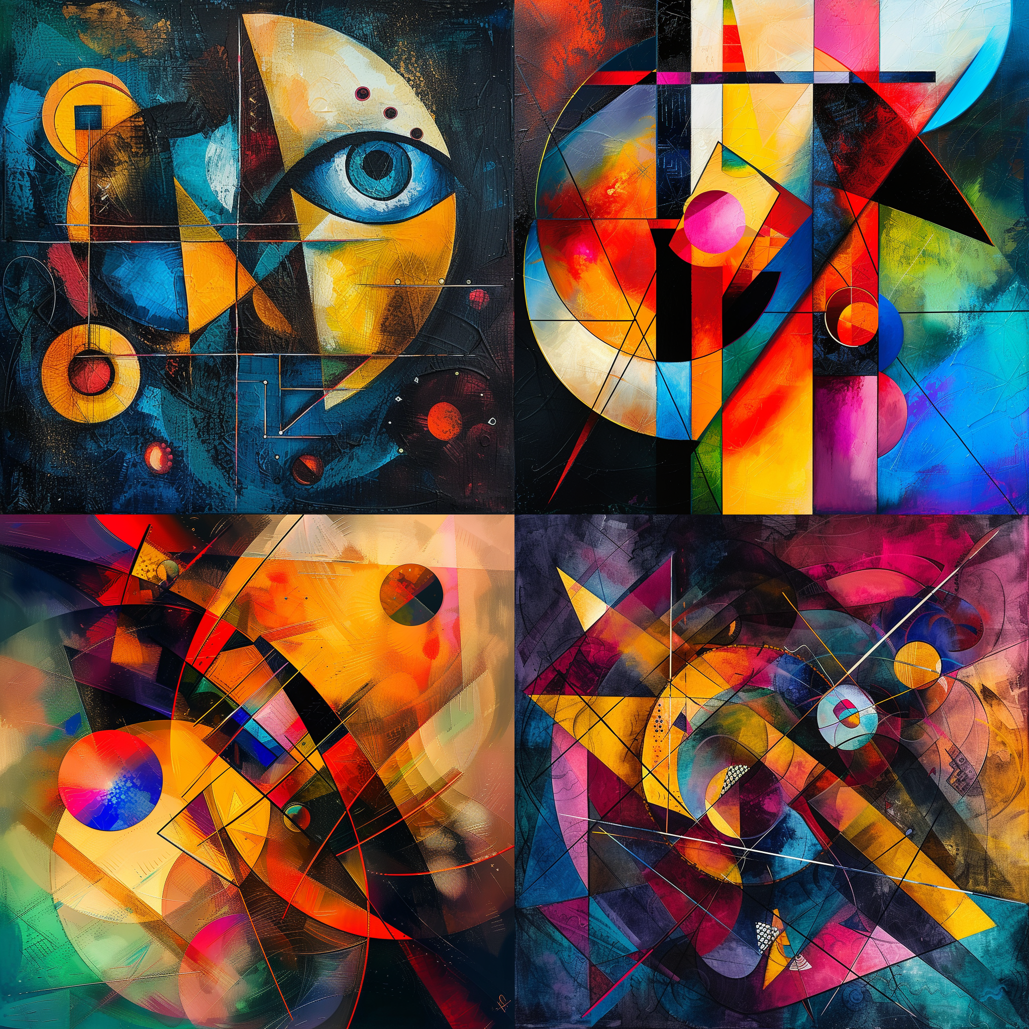 prompt. 康定斯基风格画面，抽象几何构图，鲜艳色彩，油画效果，灵感灯光，抽象符号，深情表达，理想主义，内心探索，独特创意。