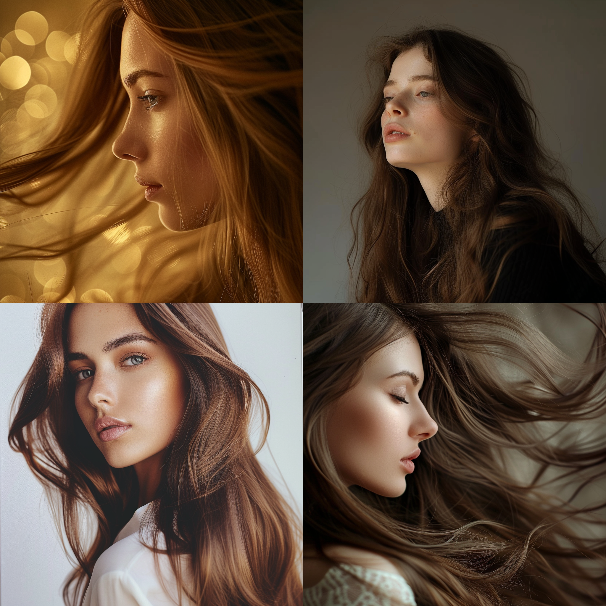 欧洲女生，棕色长头发海报背景，高级感，侧对角布局，冷色调，中焦镜头，柔和侧光，自然动作，优雅，高冷。