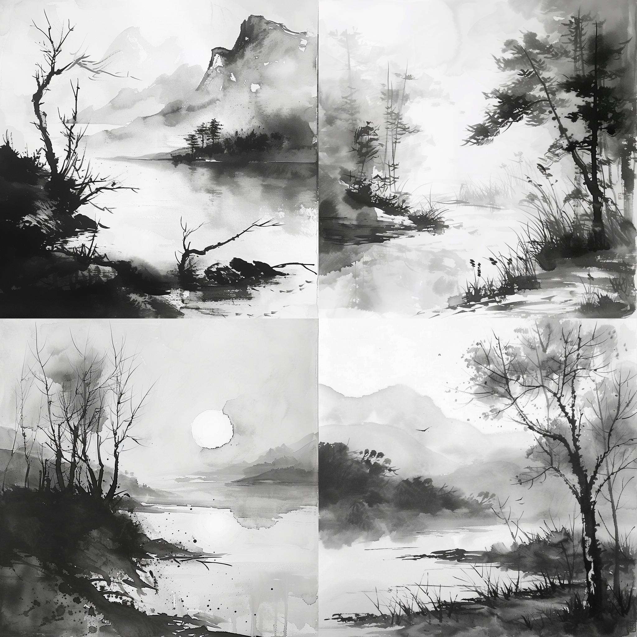 prompt. 水墨山水画，中国风风格，静谧山水，黑白色调，细腻笔触，自然元素，意境深远，情感内敛。