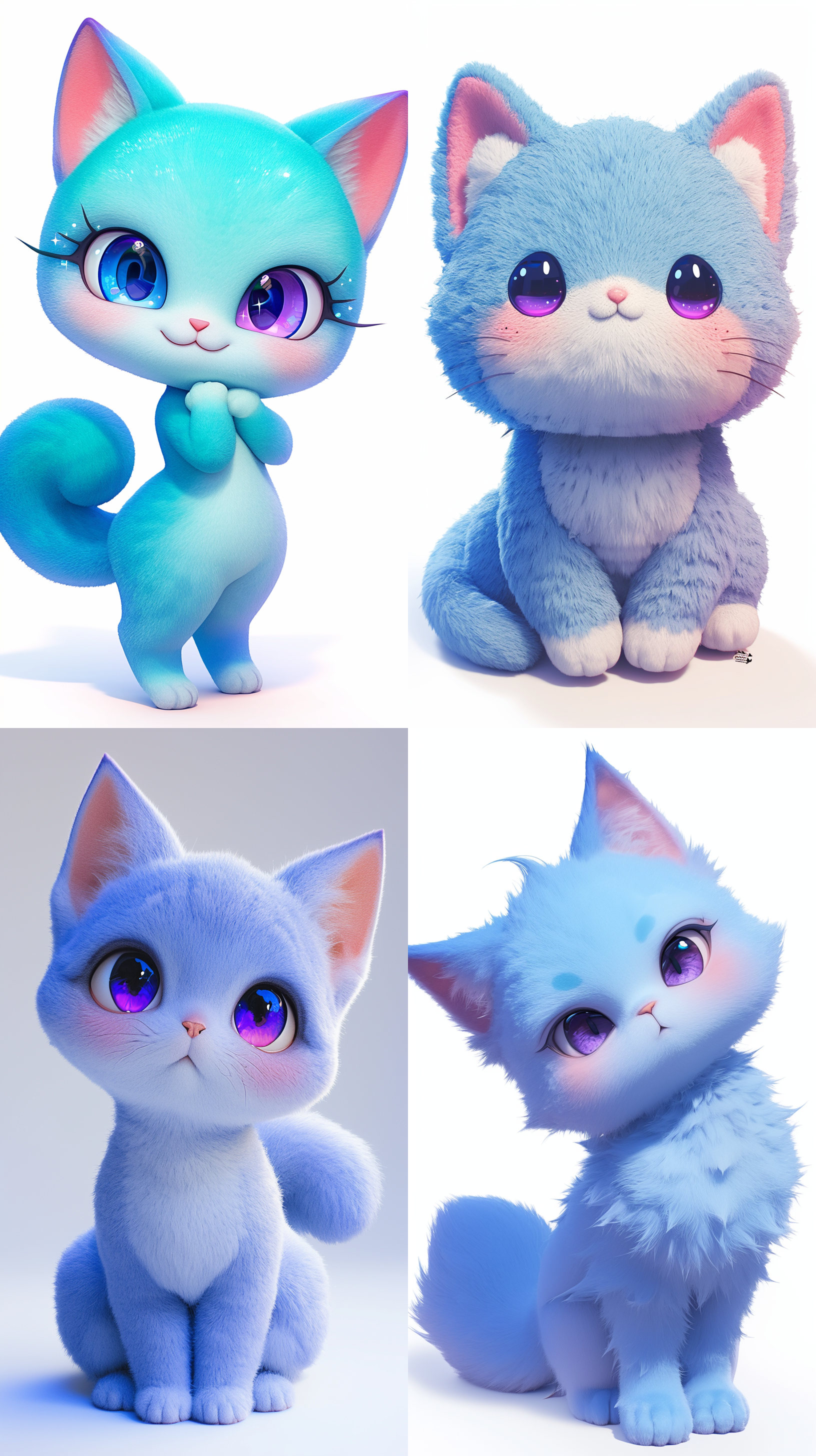 一只可爱的蓝猫，拟人化的设计，水晶般的紫色大眼睛，表情符号，傻傻的，3d毛绒风格，白色背景。