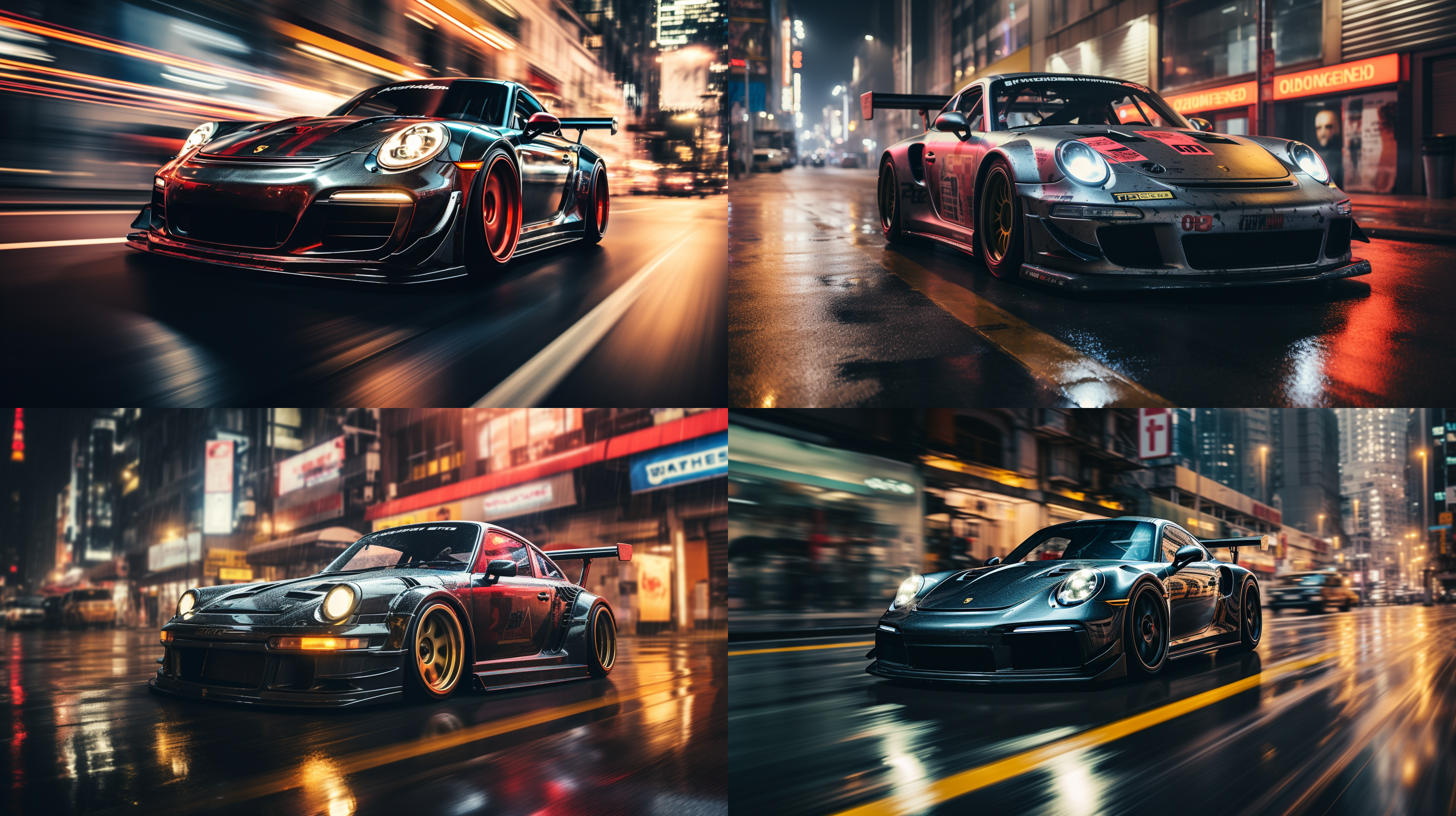 a crazy rwb porsche running at night in the city, high-speed photography, cinematic feel, city racing, frontal view, video shooting, apple wallpaper, 32k