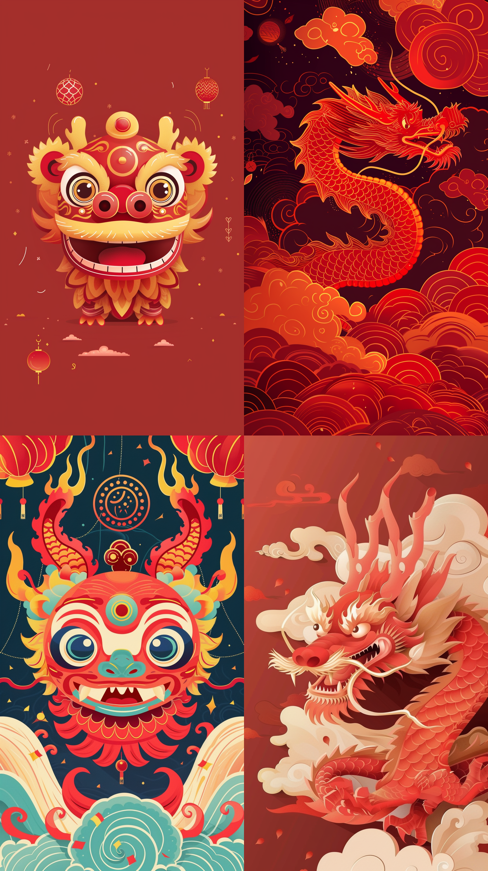 龙年风格，红色微信图标，可爱设计，龙元素，简约风格，圆润线条，温暖色调，细节丰富，表情丰富，喜庆氛围。