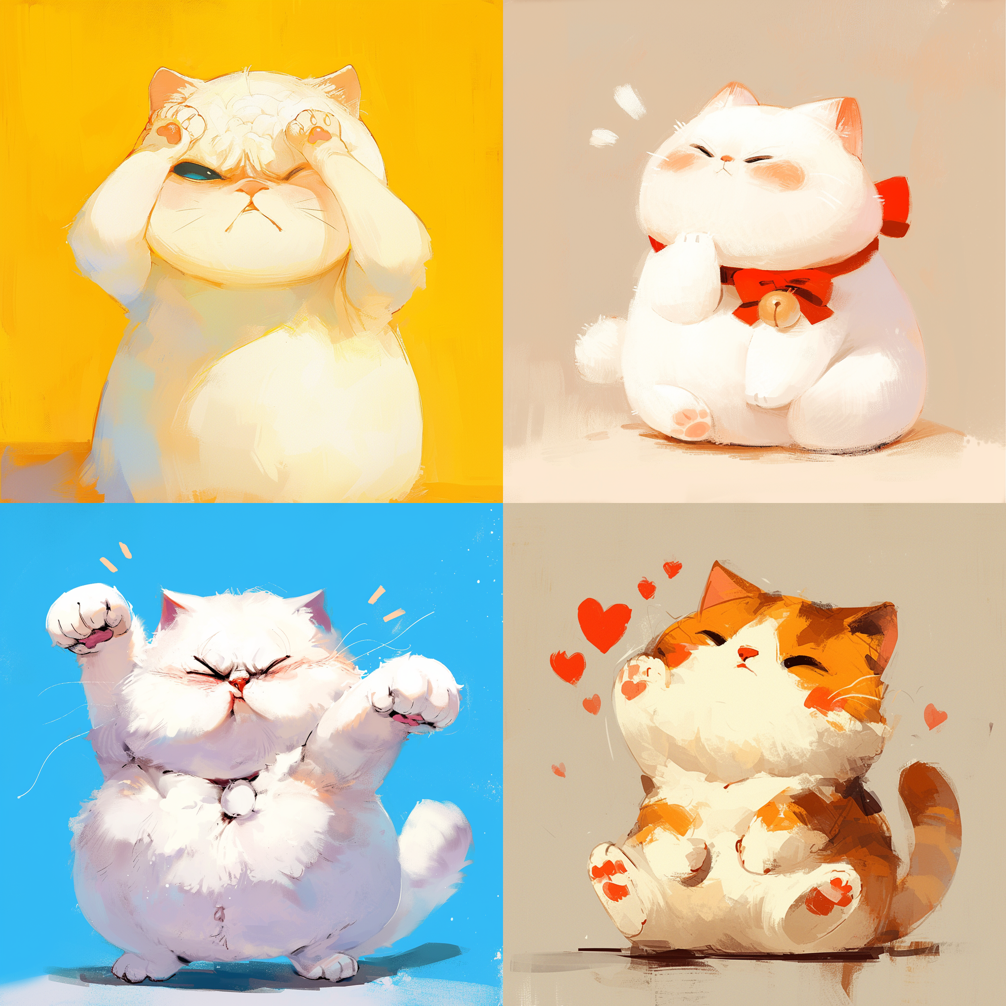 白色加菲猫，拟人化风格，韩式风格，黑色笔触，多重情绪，多重动作表达，头顶爱心，高饱和度，全身镜头，情感丰富，活泼。