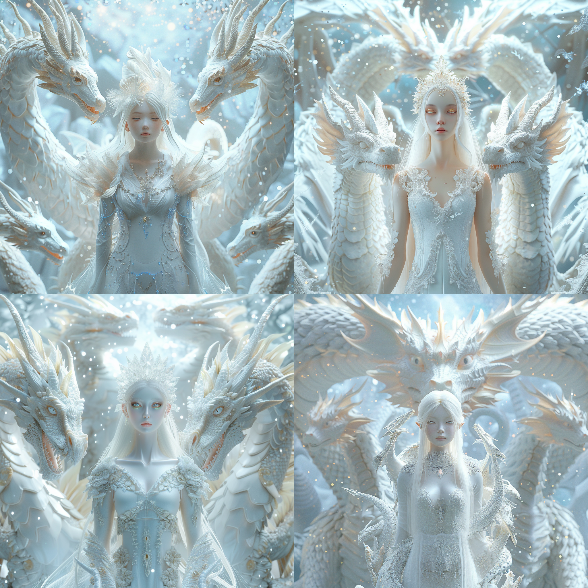 宇宙中的白龙和大眼睛少女，少女在前，白龙环绕，点缀水晶，宝石，立体浮雕，威武霸气，3d渲染，细节惟妙惟肖，宇宙星空背景，正面角度，闪耀光芒，8k画质，搅拌机材质，树脂材质，uhd莱卡镜头，神话生物。