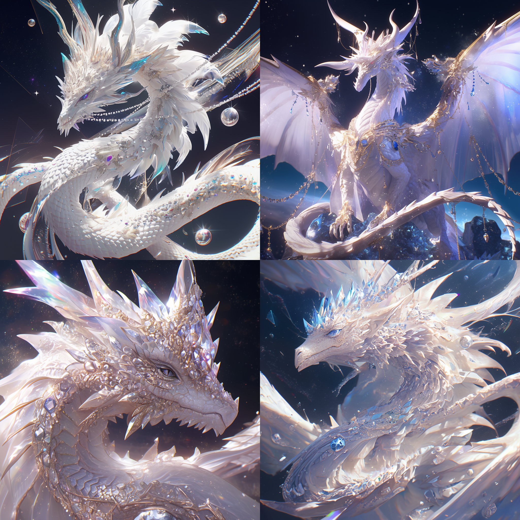 珠光宝气的白龙，点缀水晶，宝石，珍珠，立体浮雕，威武霸气，动漫质感，细节惟妙惟肖，突出无限宇宙星空背景，正面角度，闪耀光芒，8k画质，搅拌机材质，树脂材质，uhd莱卡镜头，神话生物。