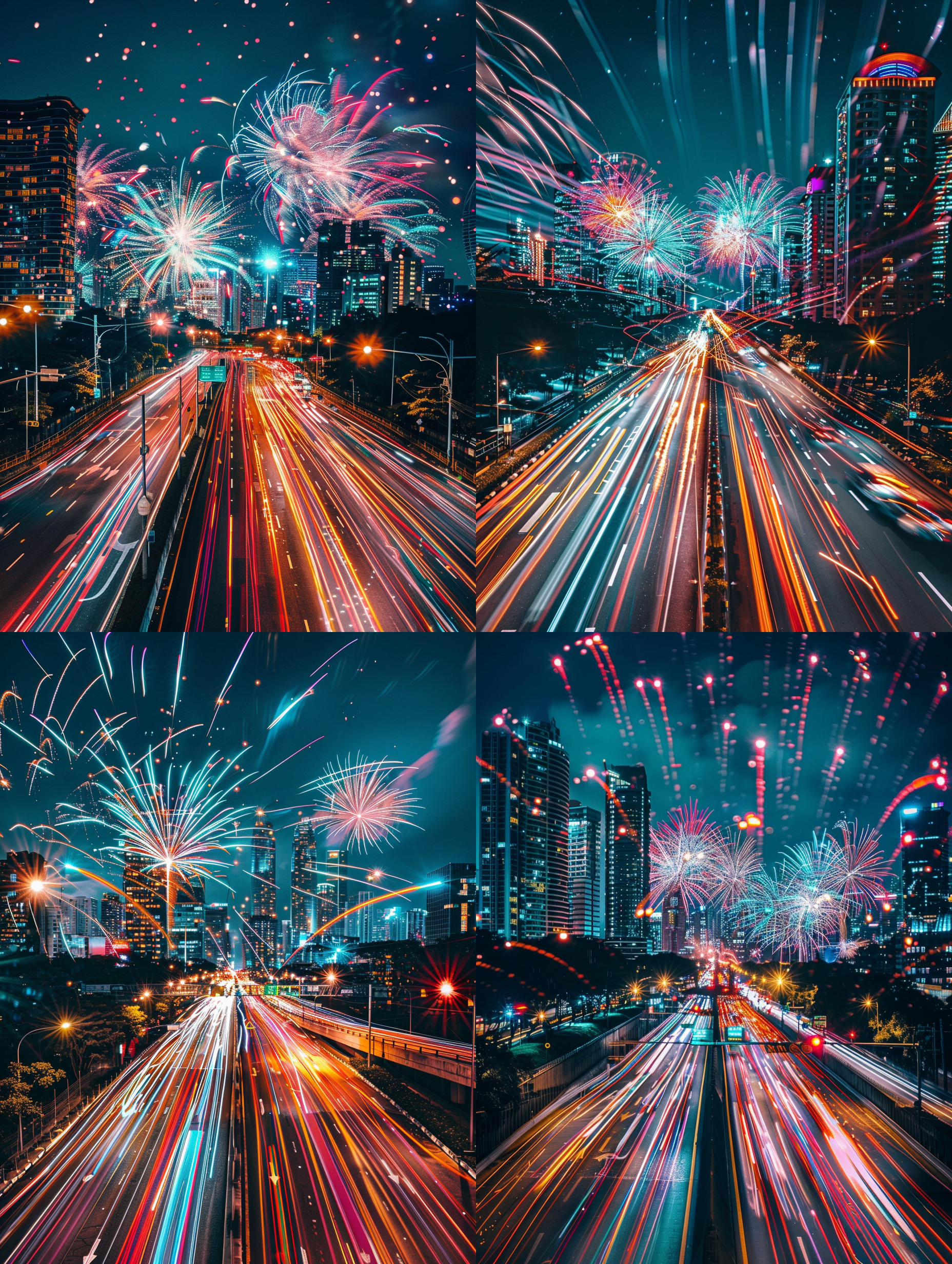 prompt. 绚烂烟花，成城夜空，主题居中，长曝光，华丽色彩，烟火轨迹，迷人光影，璀璨，喜悦。