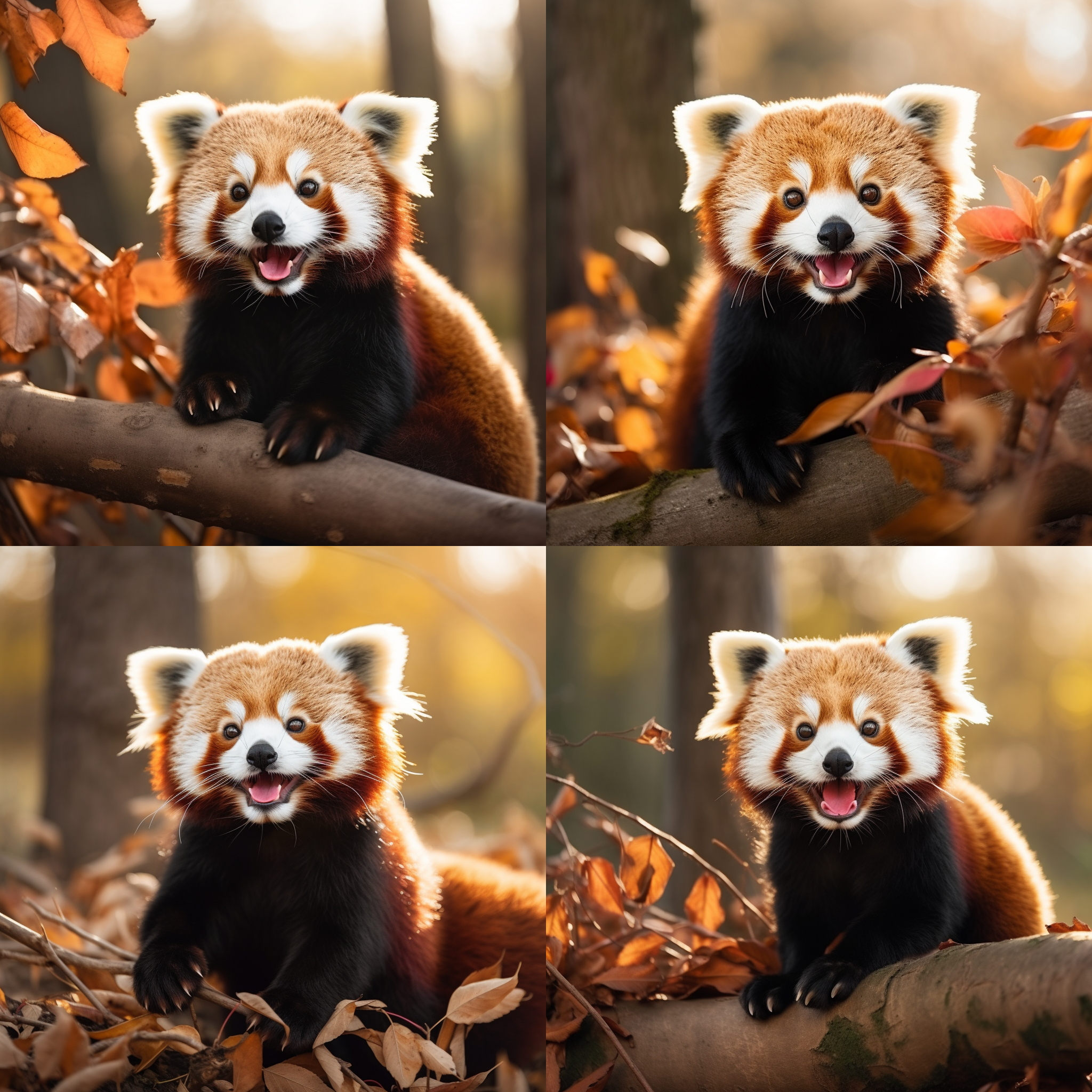 q版短腿小熊猫, 自然环境, 细节丰富, 近景特写, 柔和光线, 可爱表情, 森林背景, 暖色调, 微笑, 温馨。