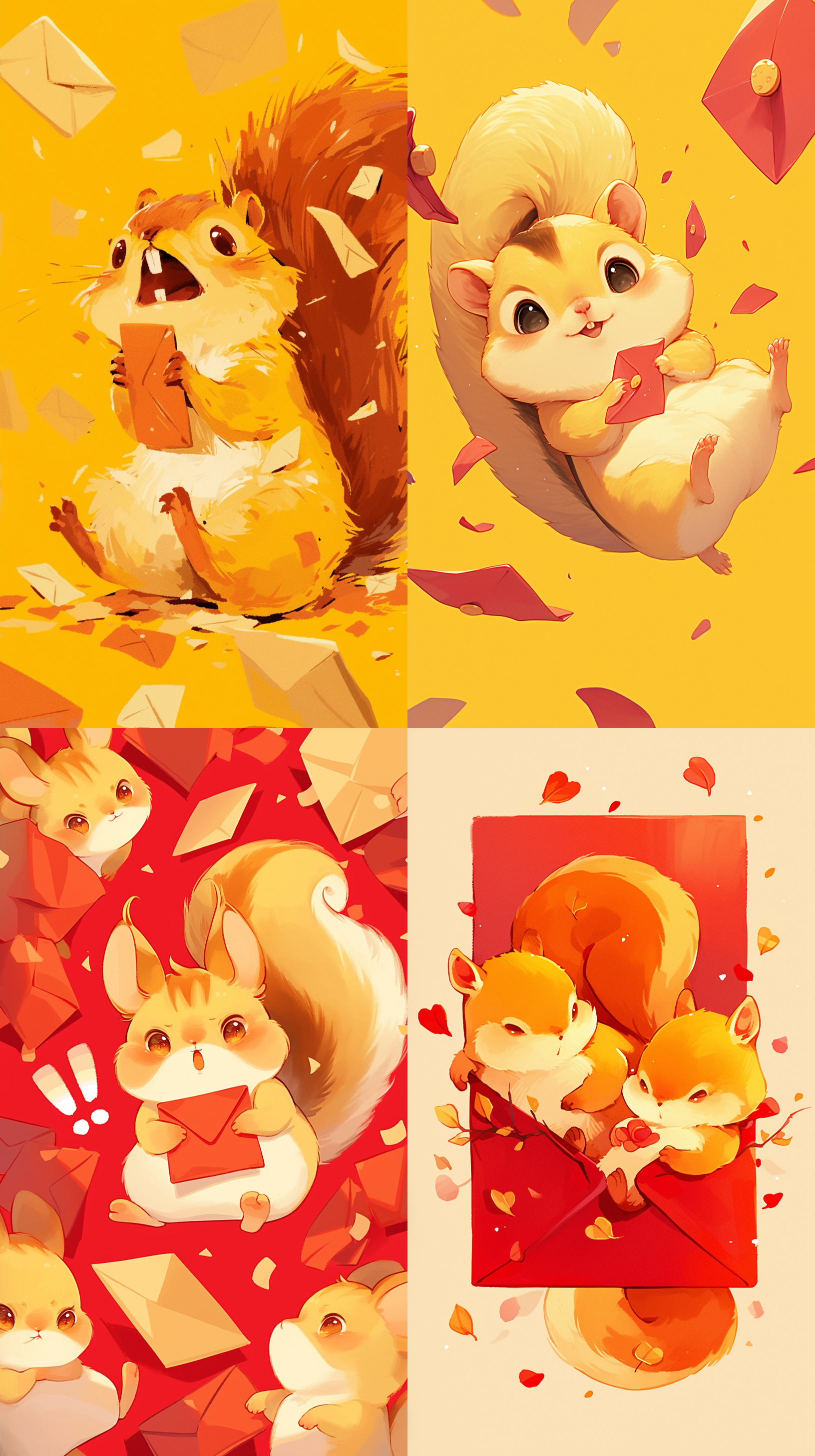 黄色松鼠，ip形象，可爱，描边，纯色背景，明亮色调，活泼表情，手绘风格，自然动作，生动，发红包，
