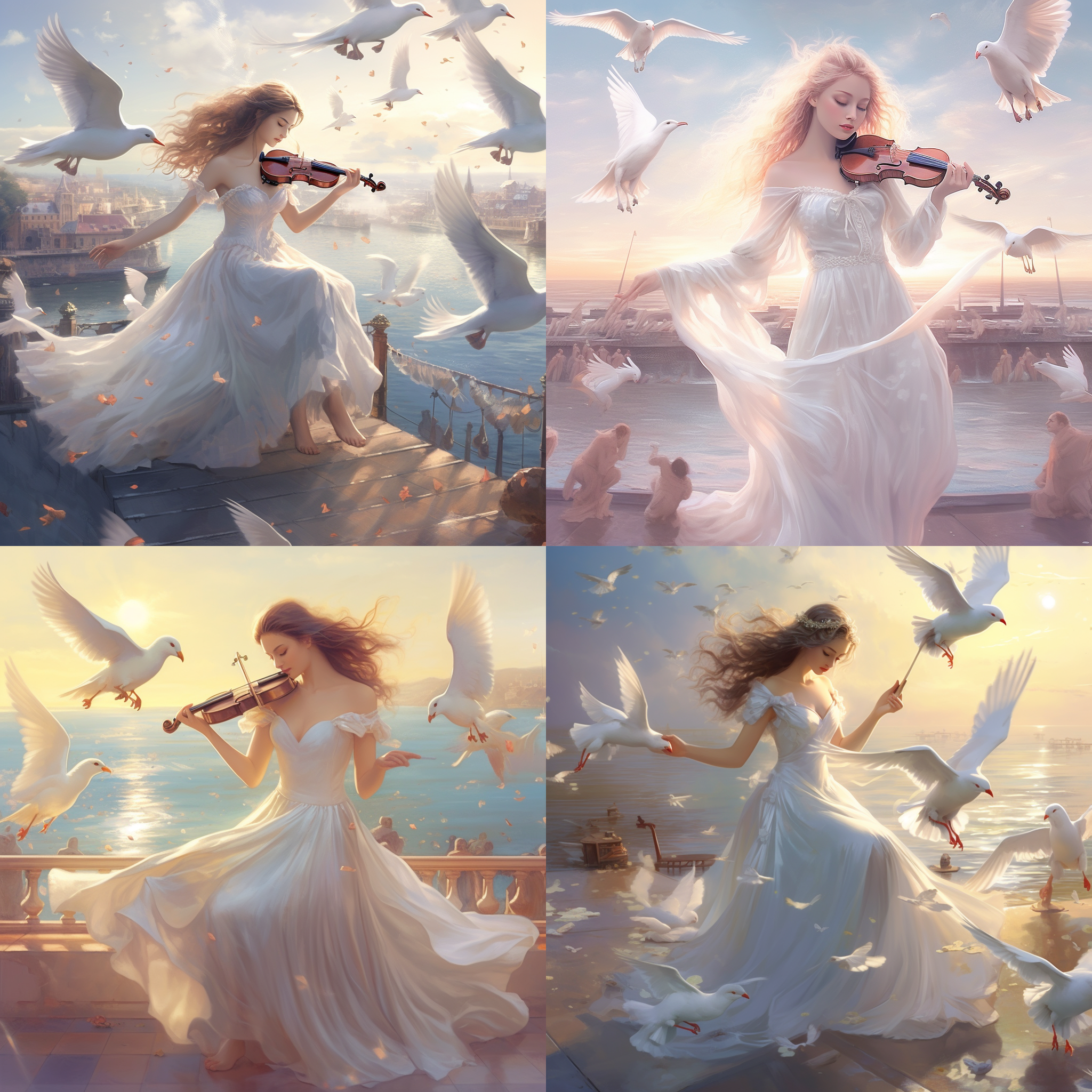 白鸽飞舞远景，cg插画，海边广场，姑娘拉小提琴，纱裙长发飘动，陶醉，俊西风格，奇幻色调，柔光，中景，梦幻浪漫。