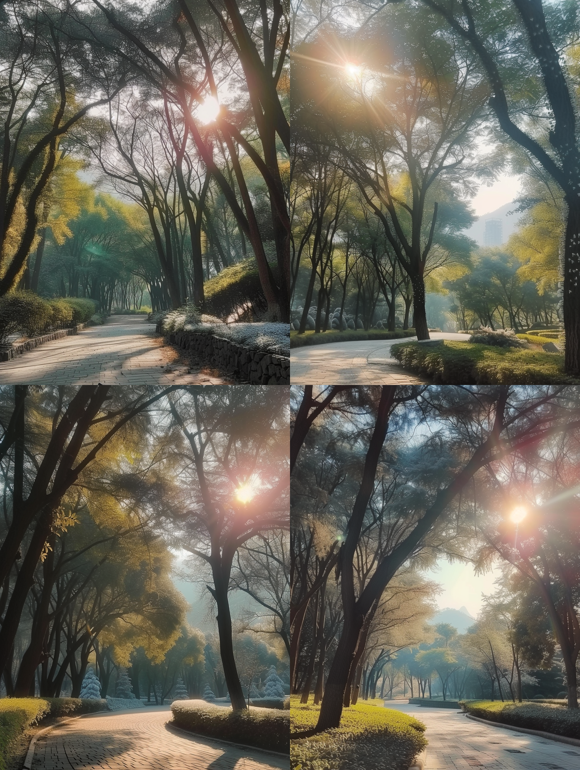 prompt. 雪山森林，广角镜头，山脉风景，网络拍摄，真实，阳光透过树缝，高对比度，远景，绿色调，壮丽，宁静。