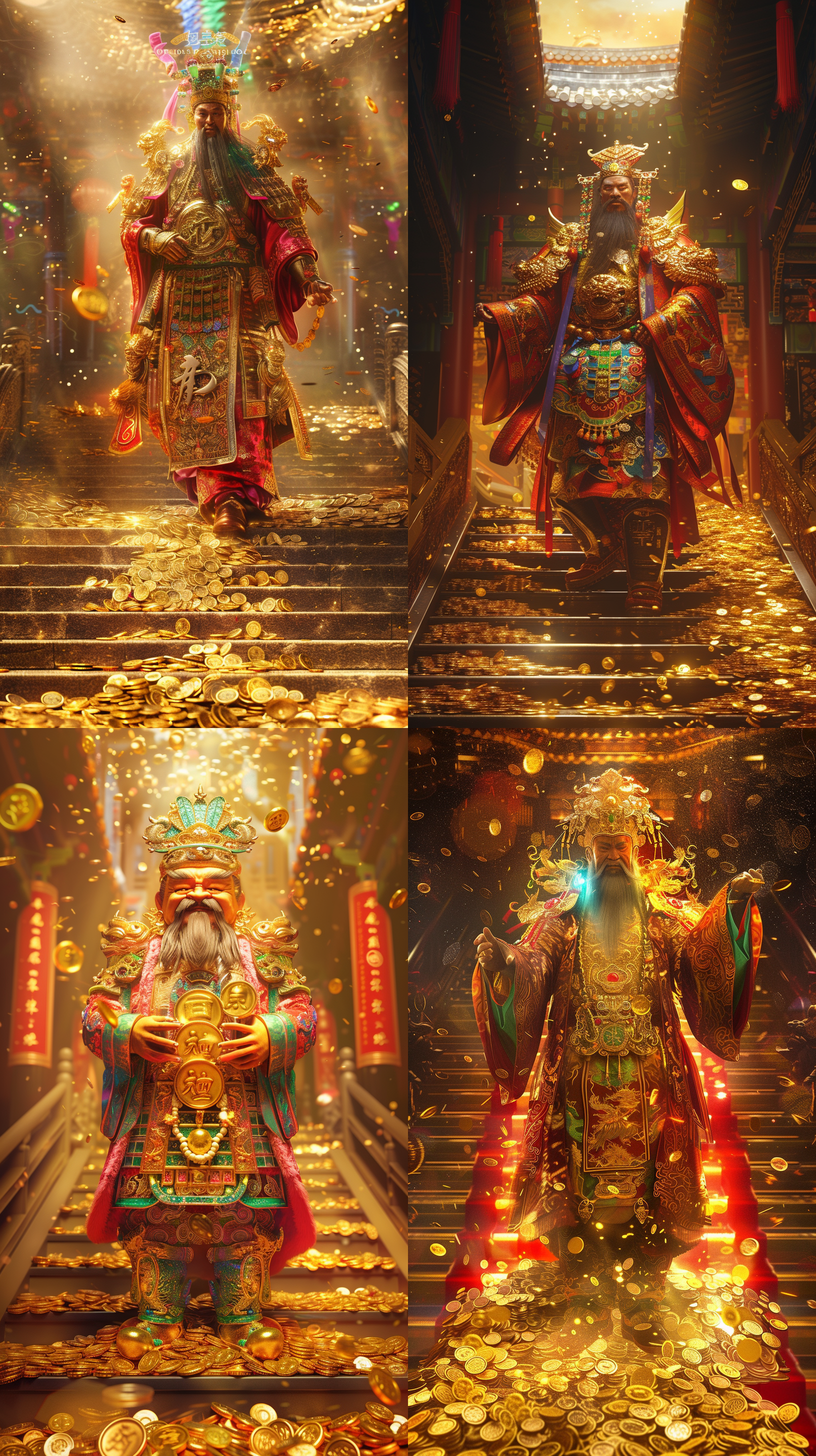 一个中国式五路财神站在撒满金币的楼梯上，美丽的灯光，复杂的细节，戏剧性的灯光，幻影般的彩虹色，财富和奢华，超细节，动漫美学，bayard wu，杰作在卓越的质量，极端的细节，锐利的焦点，插图，插图，电影照明，8k，最佳质量，x光 model: 通用xl, cfg scale: 7, hires upscale: 1.5