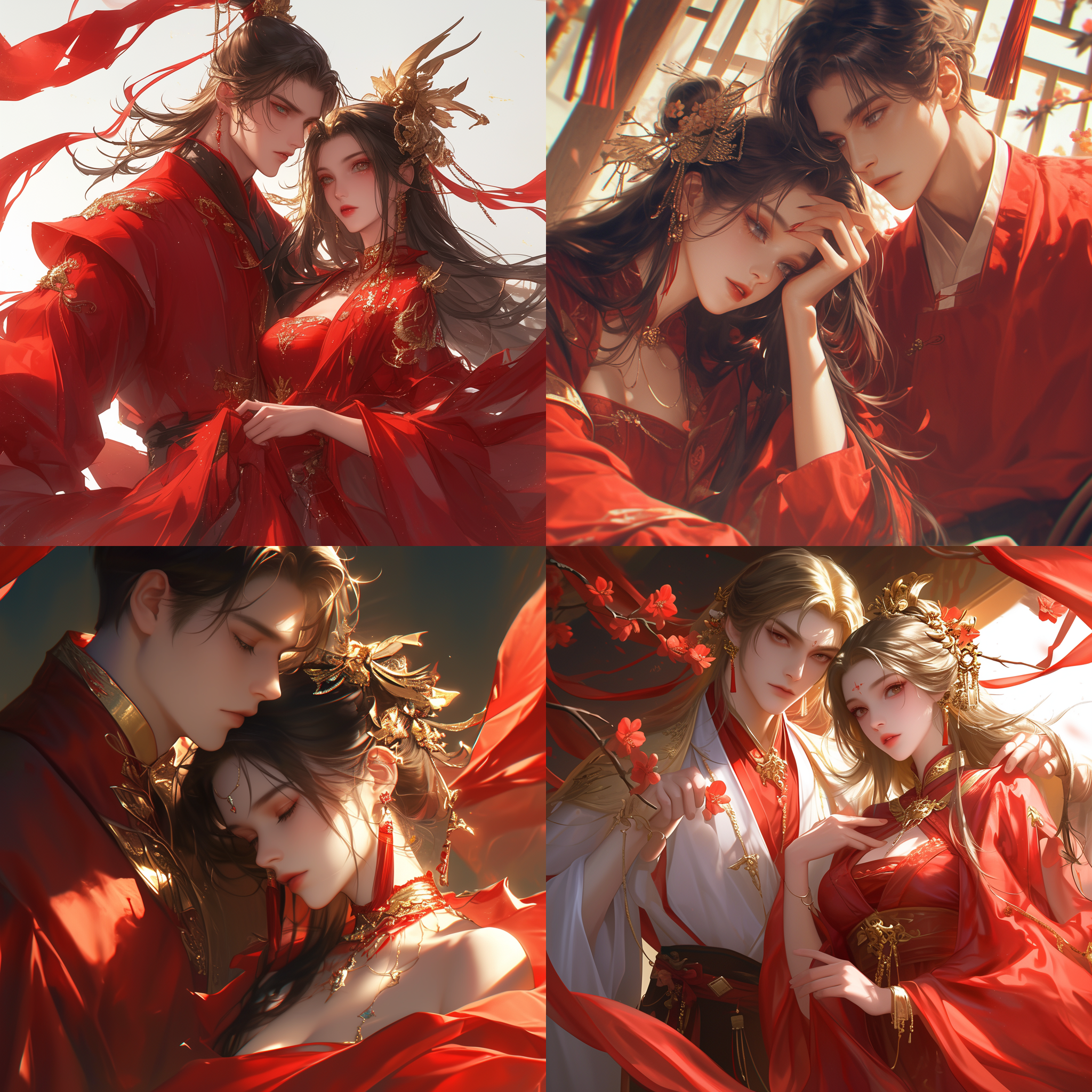 中国龙，一对情侣，身穿红色汉服，中国红金色风格，中景，高动态灯光渲染，强调人物设计，超画质，32k