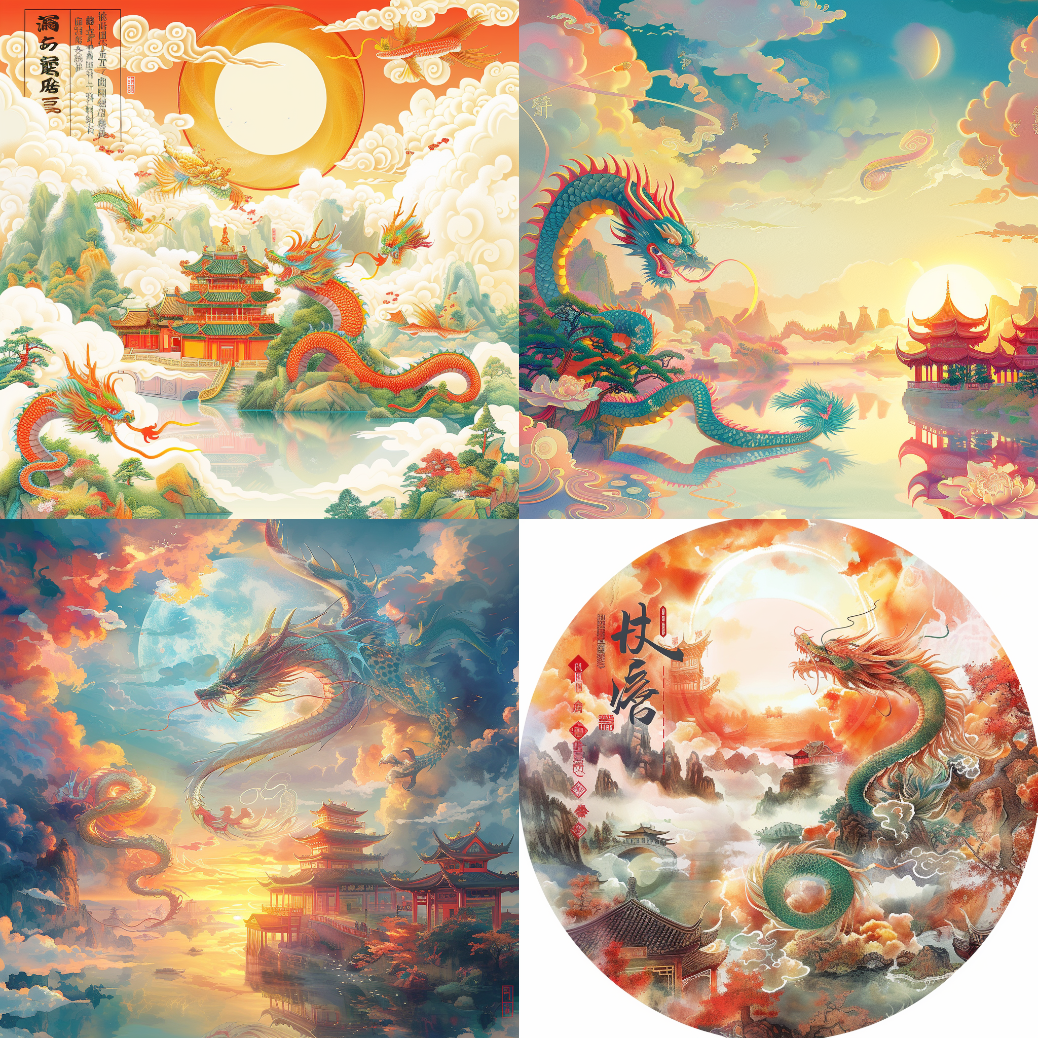 prompt. 财神降临，中国风艺术，龙盘旋，太湖上，太阳透过云层，色彩鲜艳，细节精致，漫画风格，祥瑞气息，湖面倒影，明亮色调，轻松愉悦。