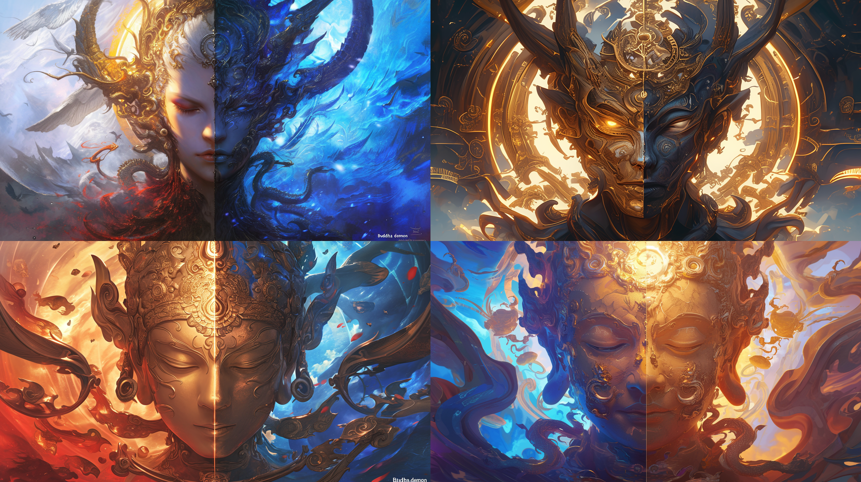 对称构图，中间分割，一半是“慈祥的佛祖”，一半是“妖魔”，两个元素组成一体，深情凝视，正面视角，单调的色彩，超高清，超完美细节把控，超清晰外观设计，数字渲染，梦幻引擎，肖像，特写，苹果壁纸，32k，fhd