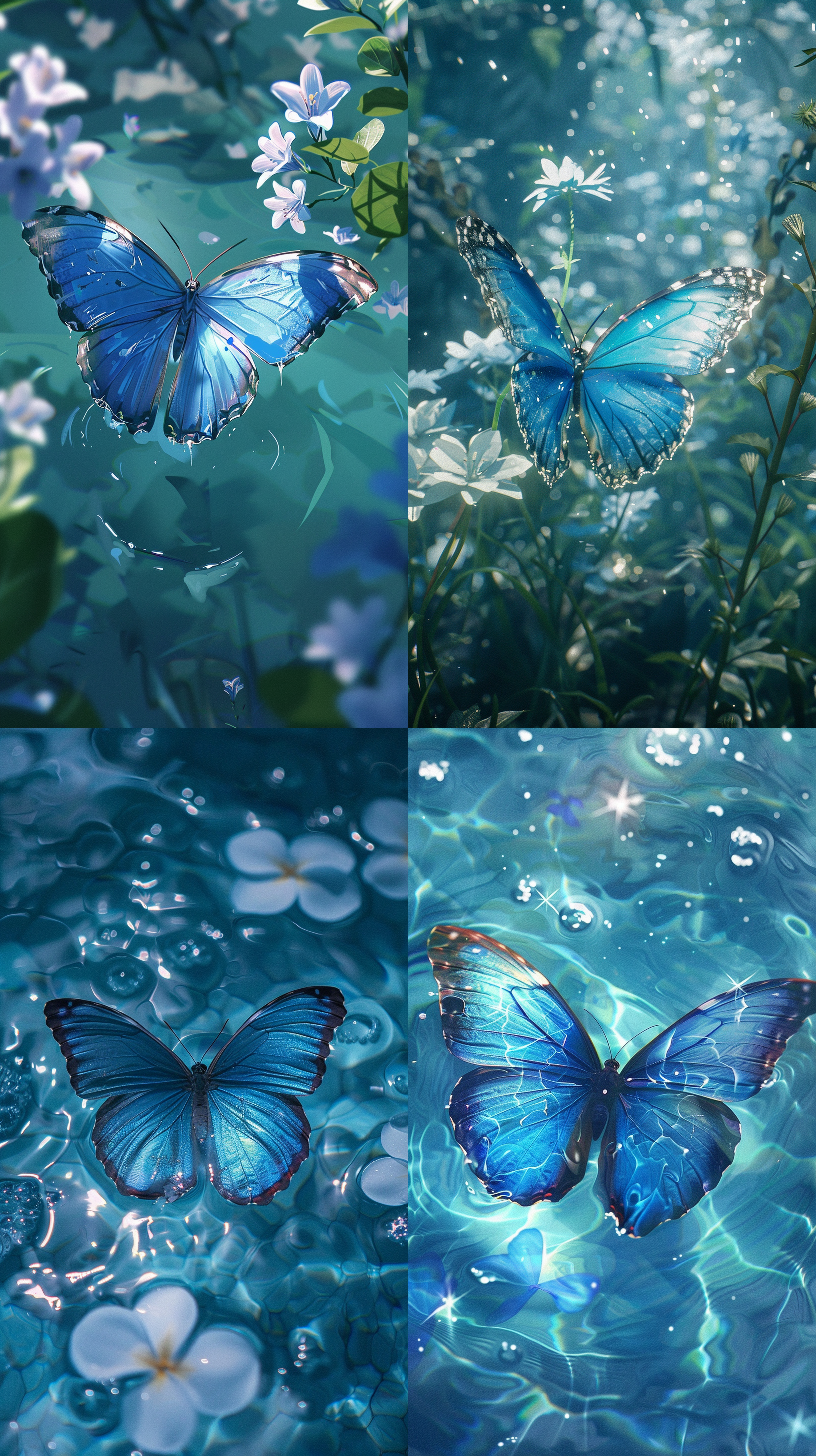 蓝色蝴蝶游泳，y2k美学，奇幻景观，单色调，泳池中心，清晰精致，玩味透视，自然怀旧。