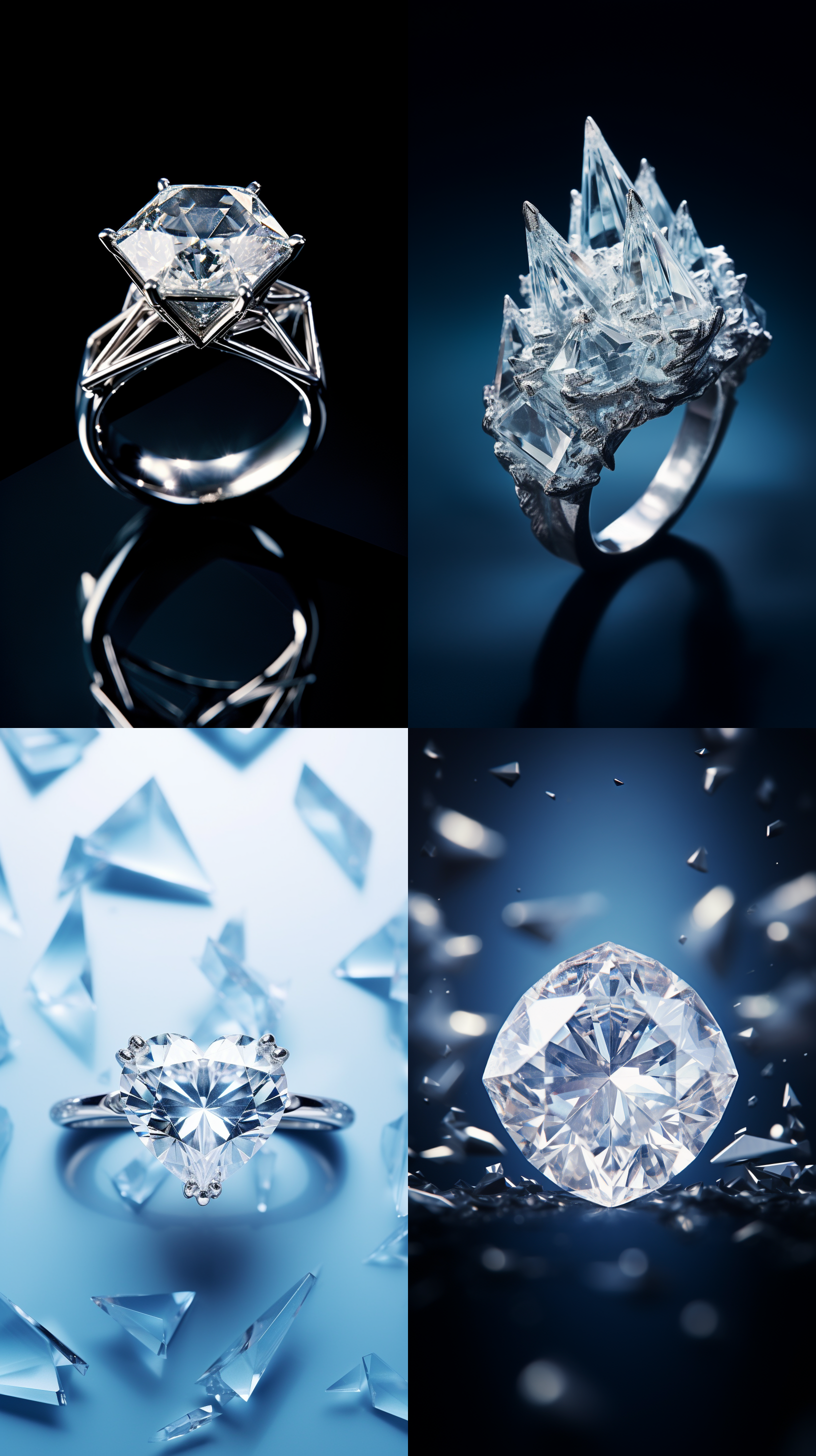 prompt. 钻石戒指，多种形状石膏，近景特写，对称布局，珠宝摄影风格，微距镜头，柔和侧光，细节突出，透明感，冷色调，华丽。