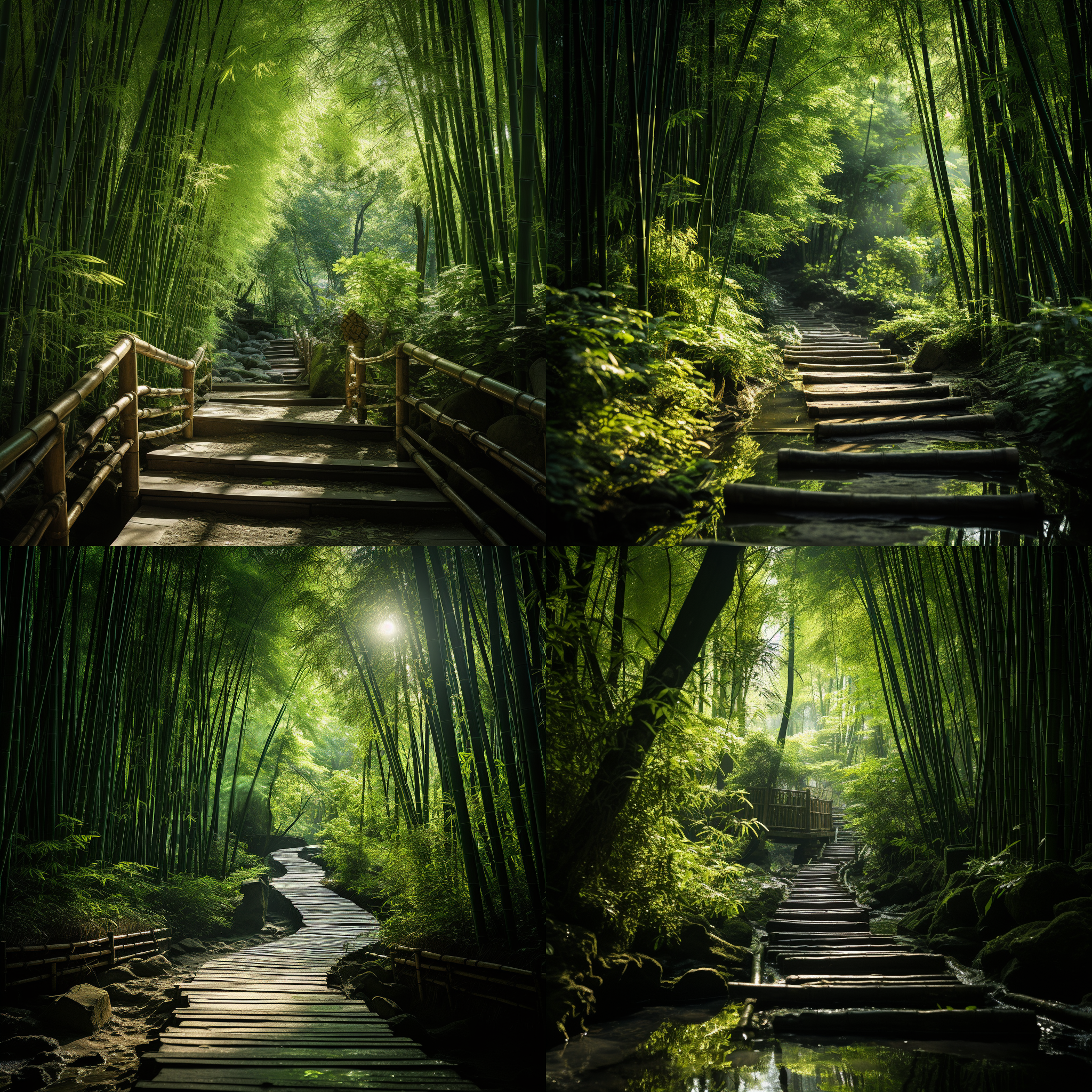 竹林小路，剪影构图，正午阳光，背光拍摄，眩光效果，翠绿色调，和平，宁静，温暖感，自然元素。